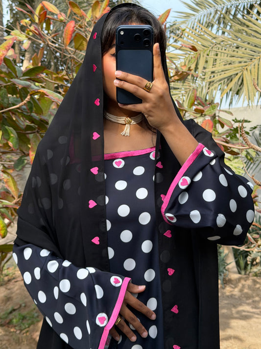 MEI694 - Black/White Polka Dots & Hearts Embroidered Jalabiya with Headscarf