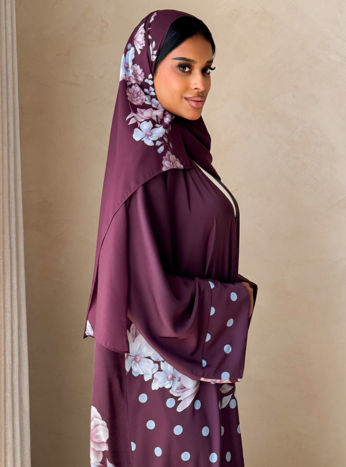 MEI742 - Plum Half Bisht Polka Floral Abaya with Matching Headscarf