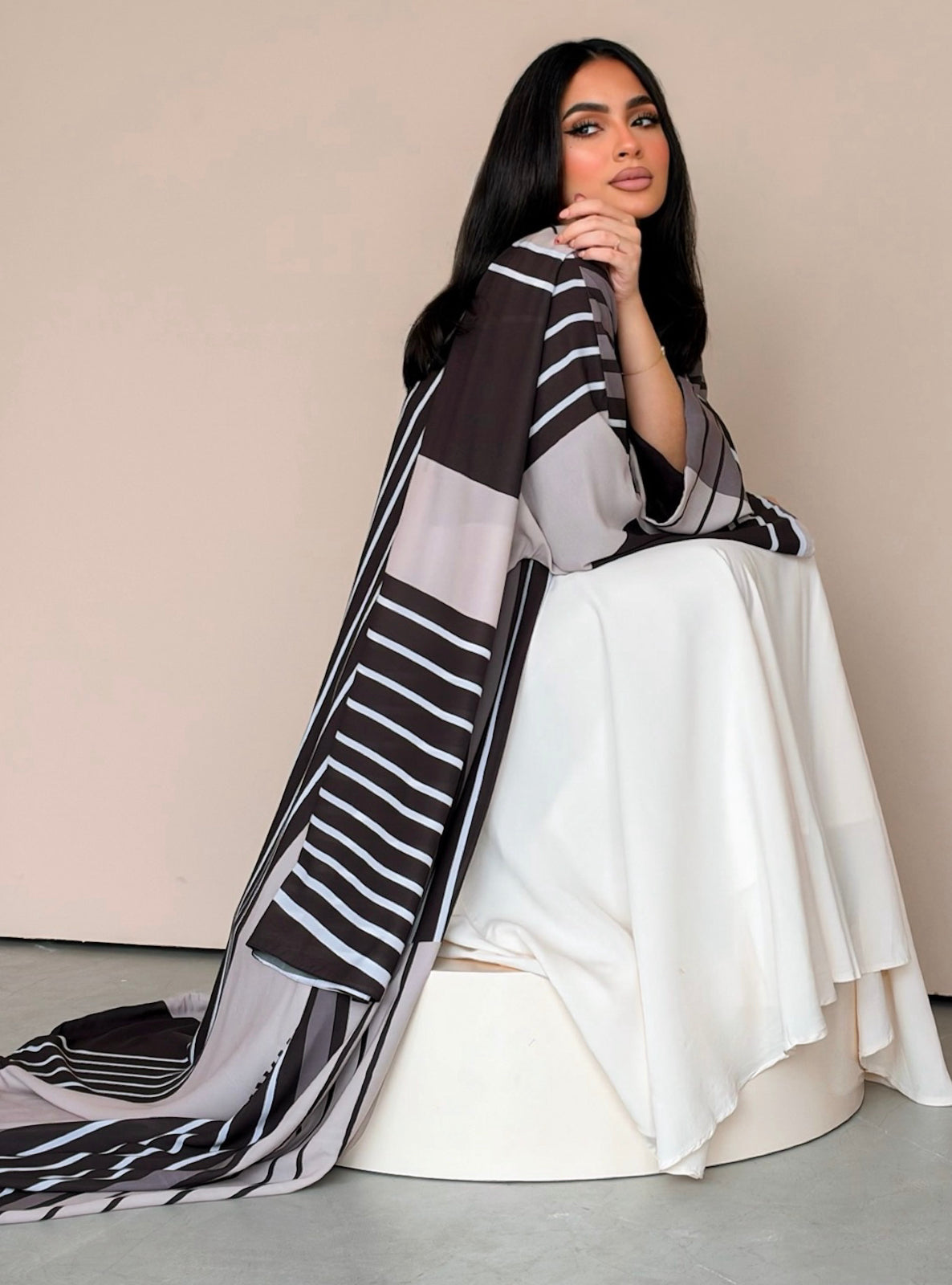 MEI788 - Stripes Print Half Bisht Abaya with Matching Headscarf