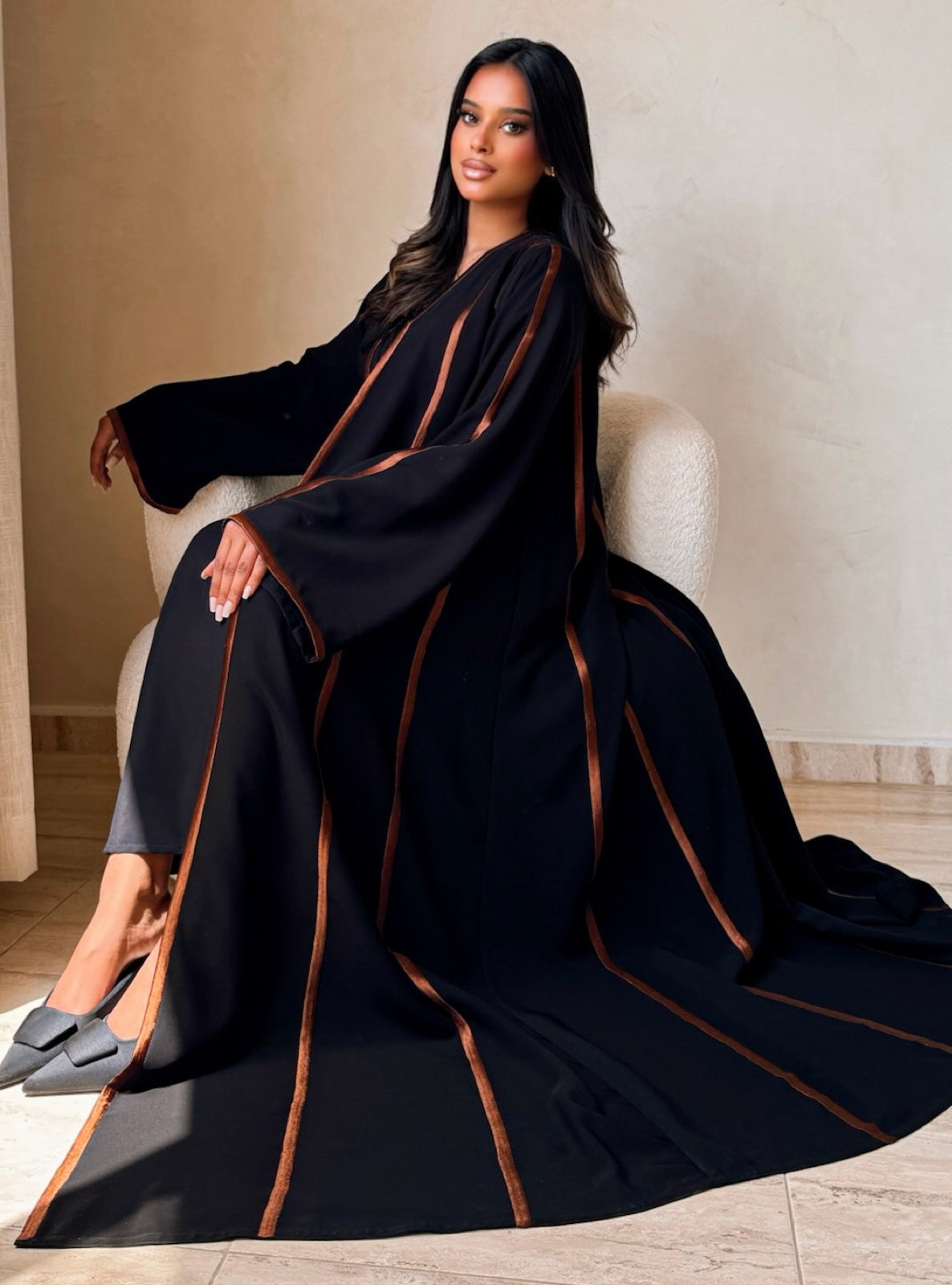MEI734 - Black A-Cut Abaya with Brown Embroidery & Matching Headscarf