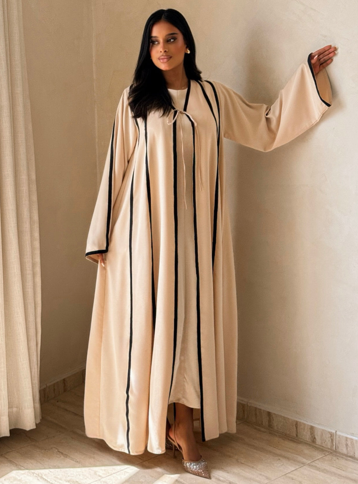 MEI736 - Beige A-Cut Abaya with Black Embroidery & Matching Headscarf
