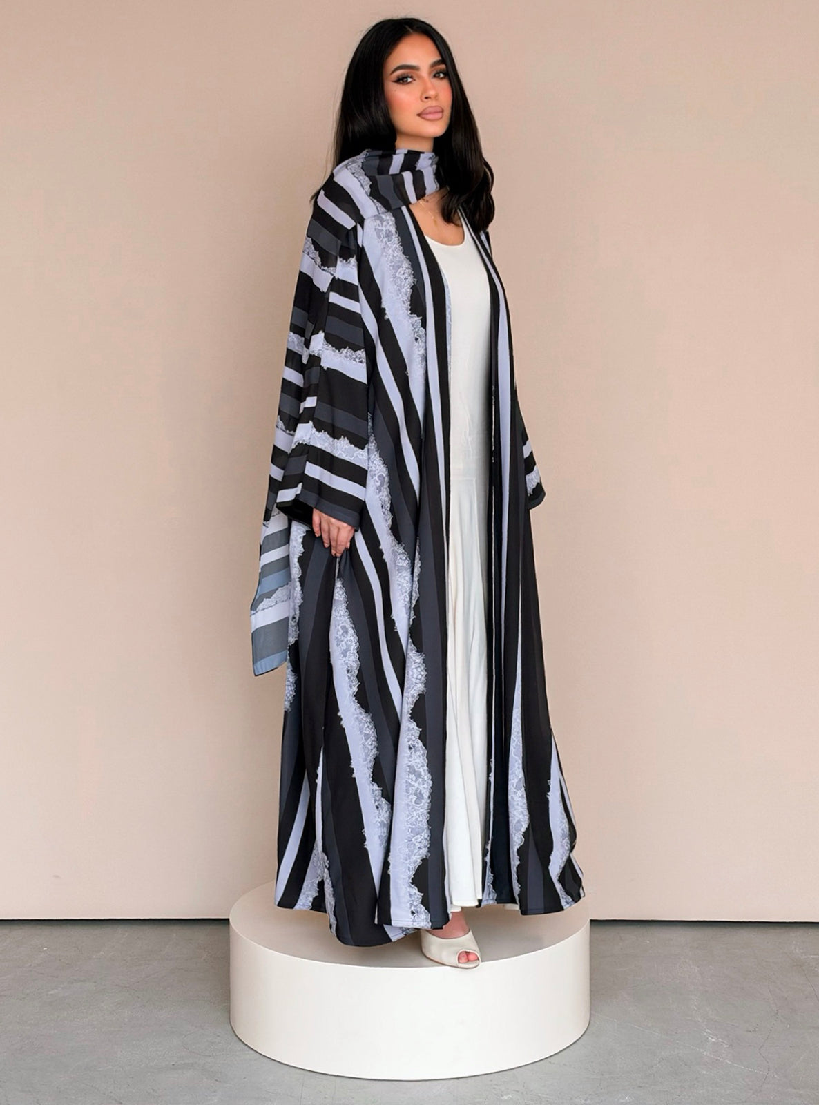 MEI782 - Stripes & Lace Print Half Bisht Abaya with Matching Headscarf