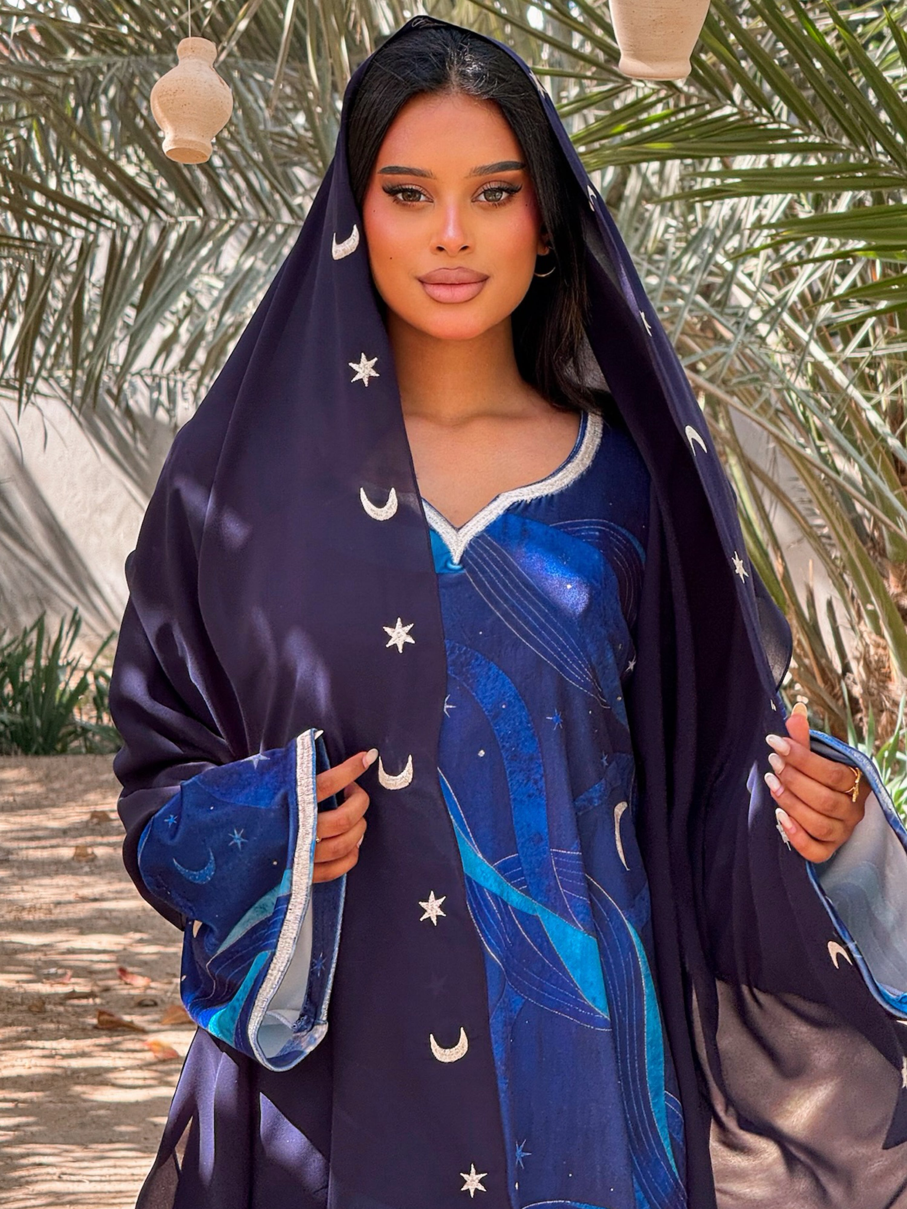 MEI709 - Navy Stars & Moon Embroidered Jalabiya with Headscarf