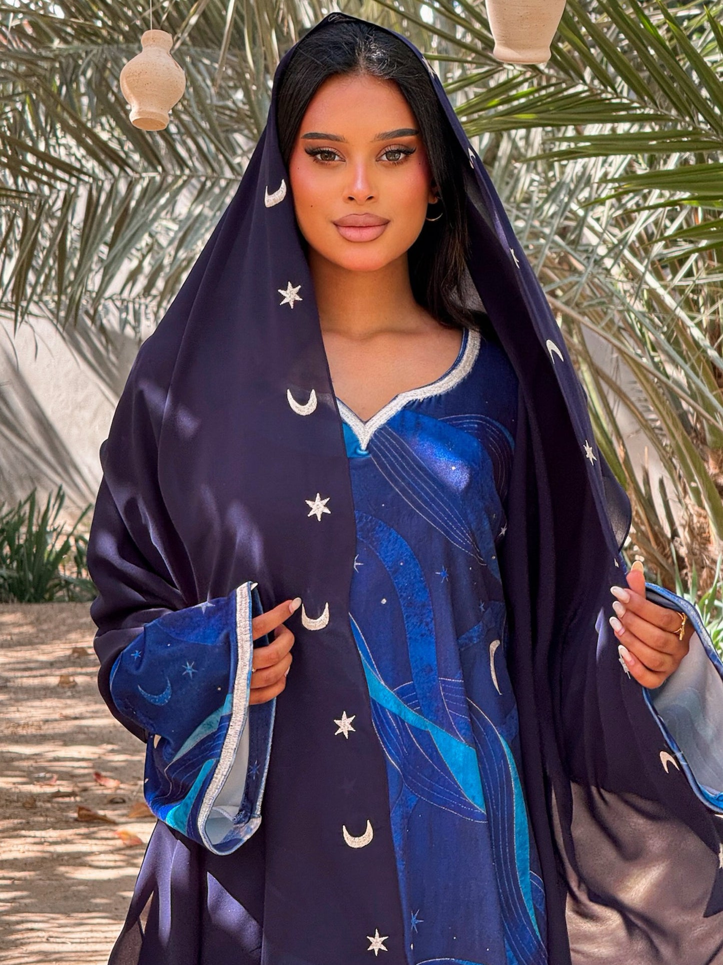 MEI709 - Navy Stars & Moon Embroidered Jalabiya with Headscarf