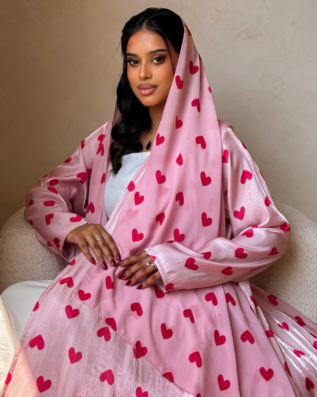 MEI722 - Pink & Red Hearts Organza Abaya 🩷❤️