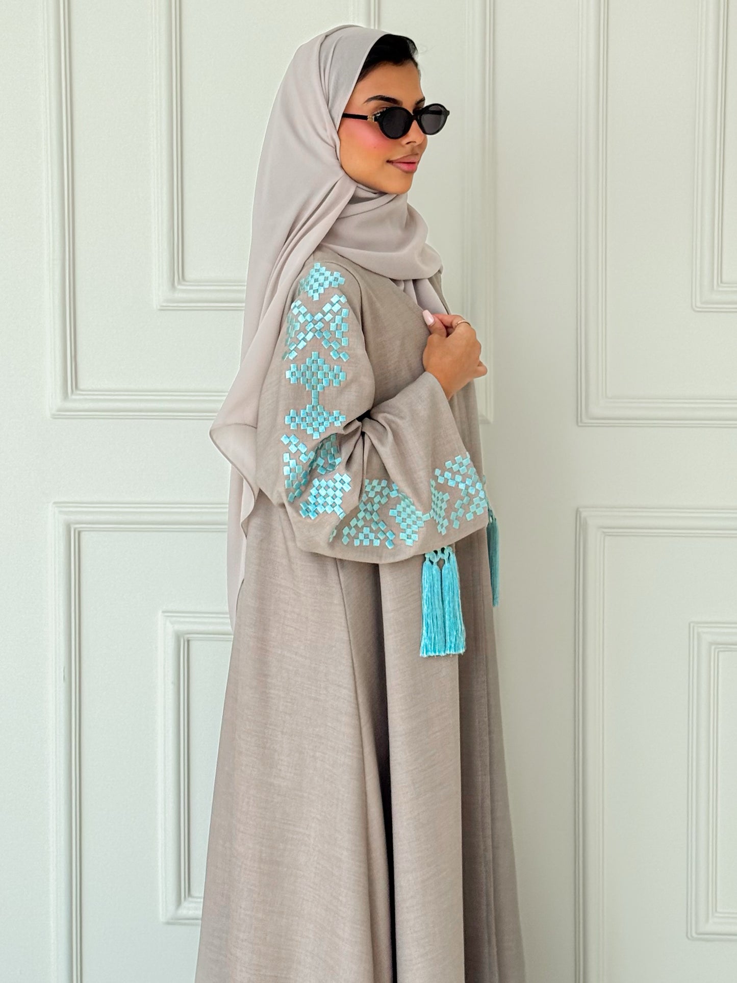 MEI622 - Beige Abaya with Light Turquoise Embroidery