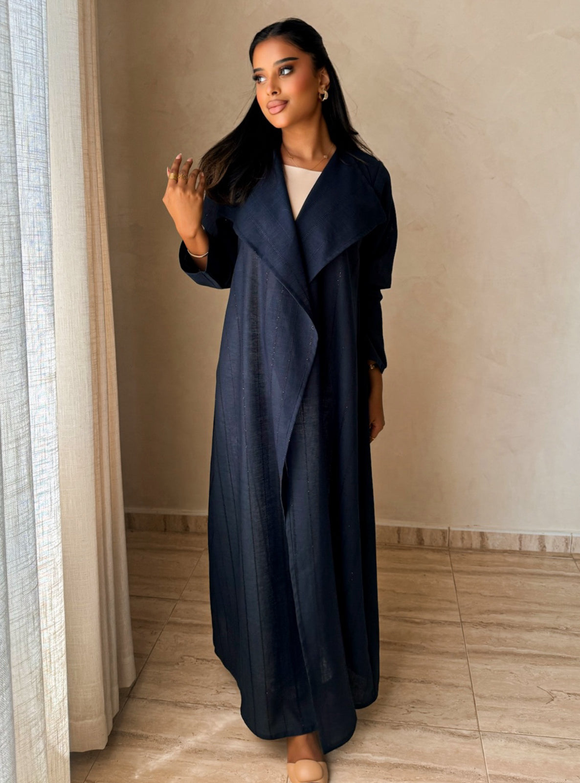 MEI745 - Striped Deep Navy A-Cut Linen Abaya with Matching Headscarf