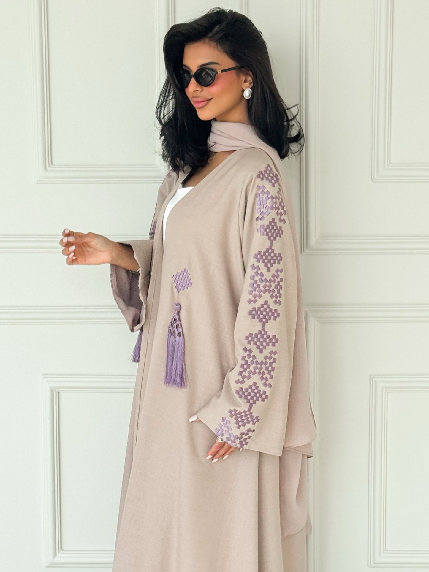 MEI620 - Nude Abaya with Lavender Embroidery
