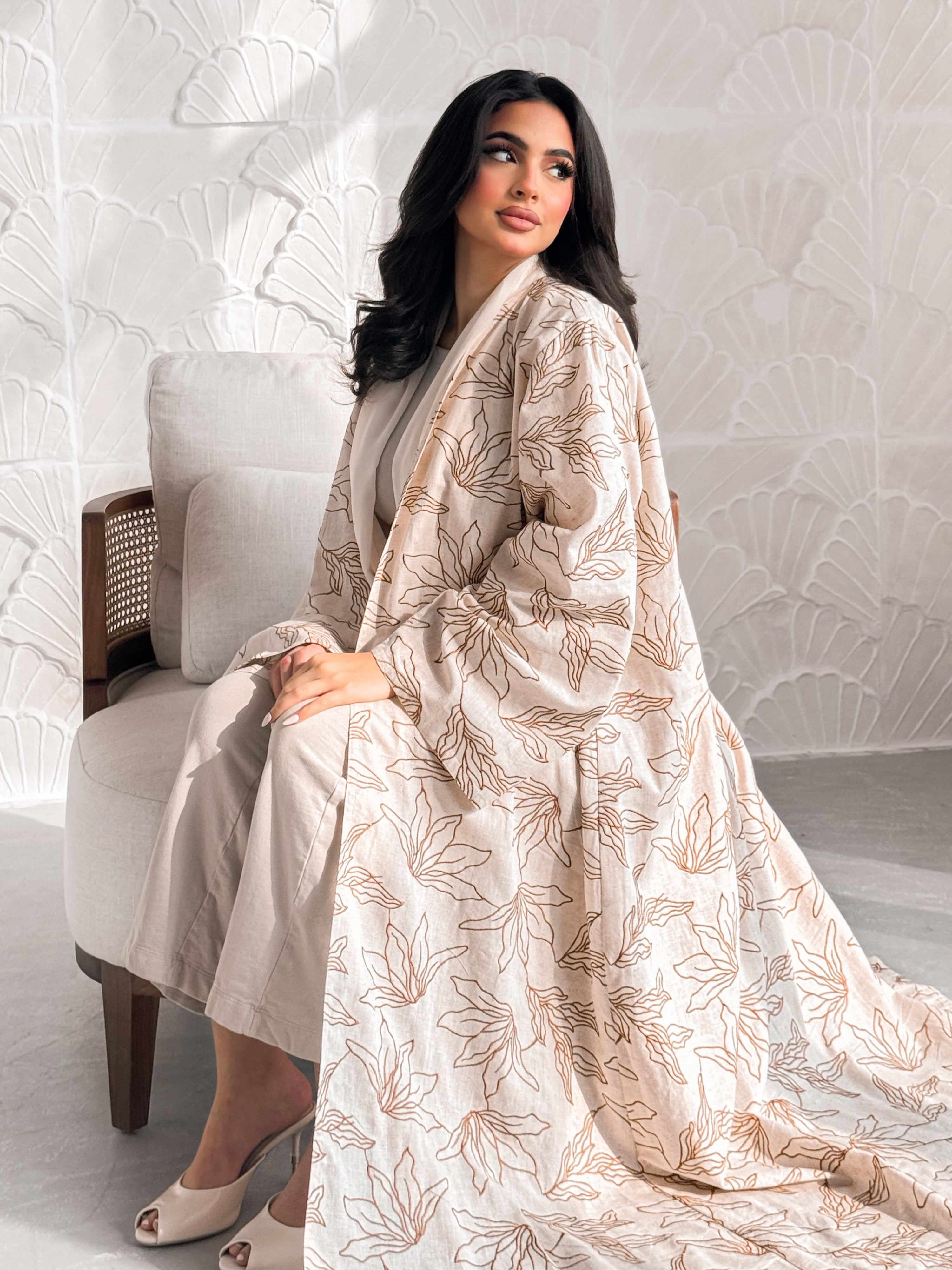 MEI606 - Indian Linen Abaya with Brown Embroidery