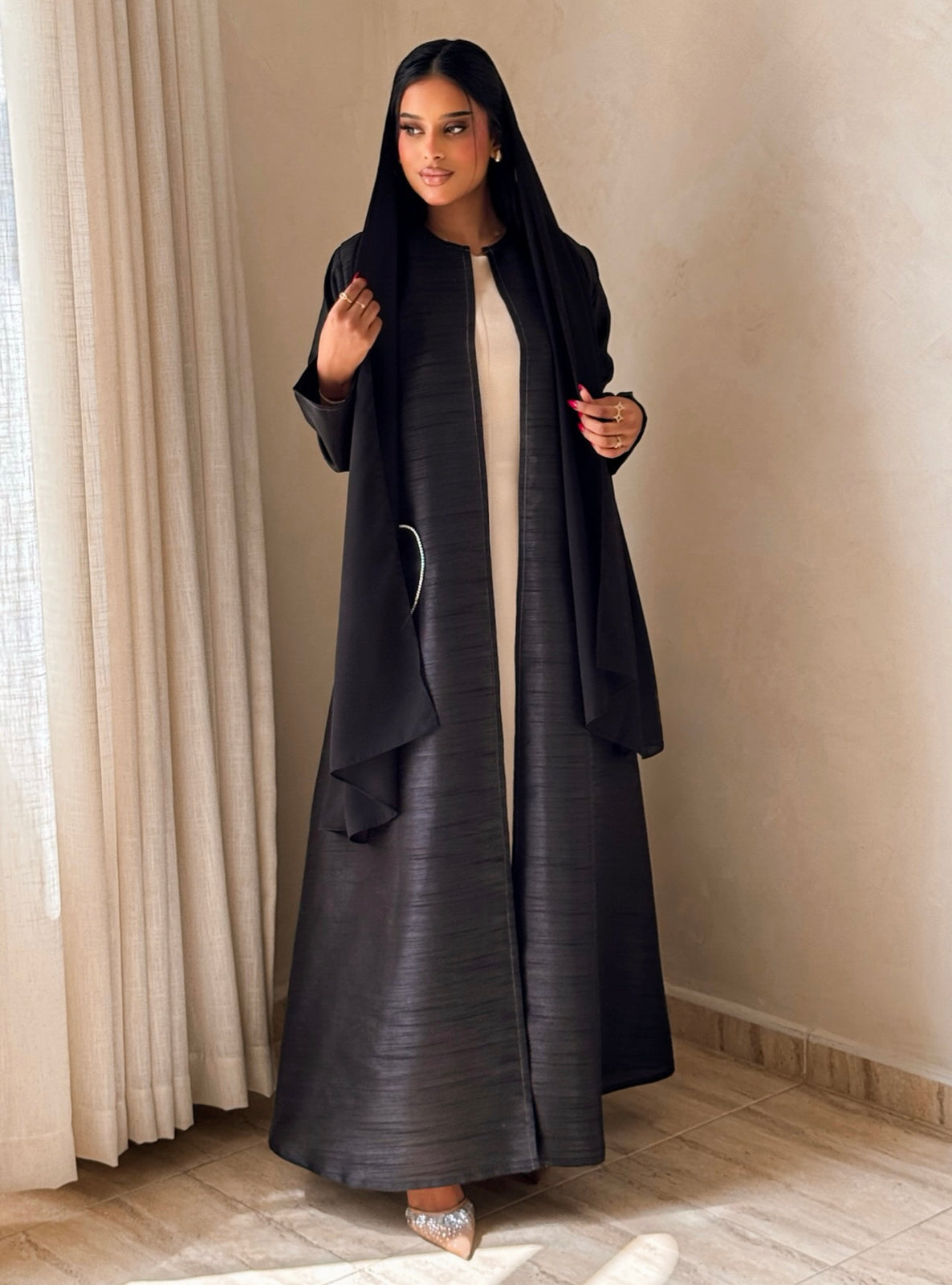 MEI730 - Black A-Cut Taffeta & Crystals Abaya with Headscarf