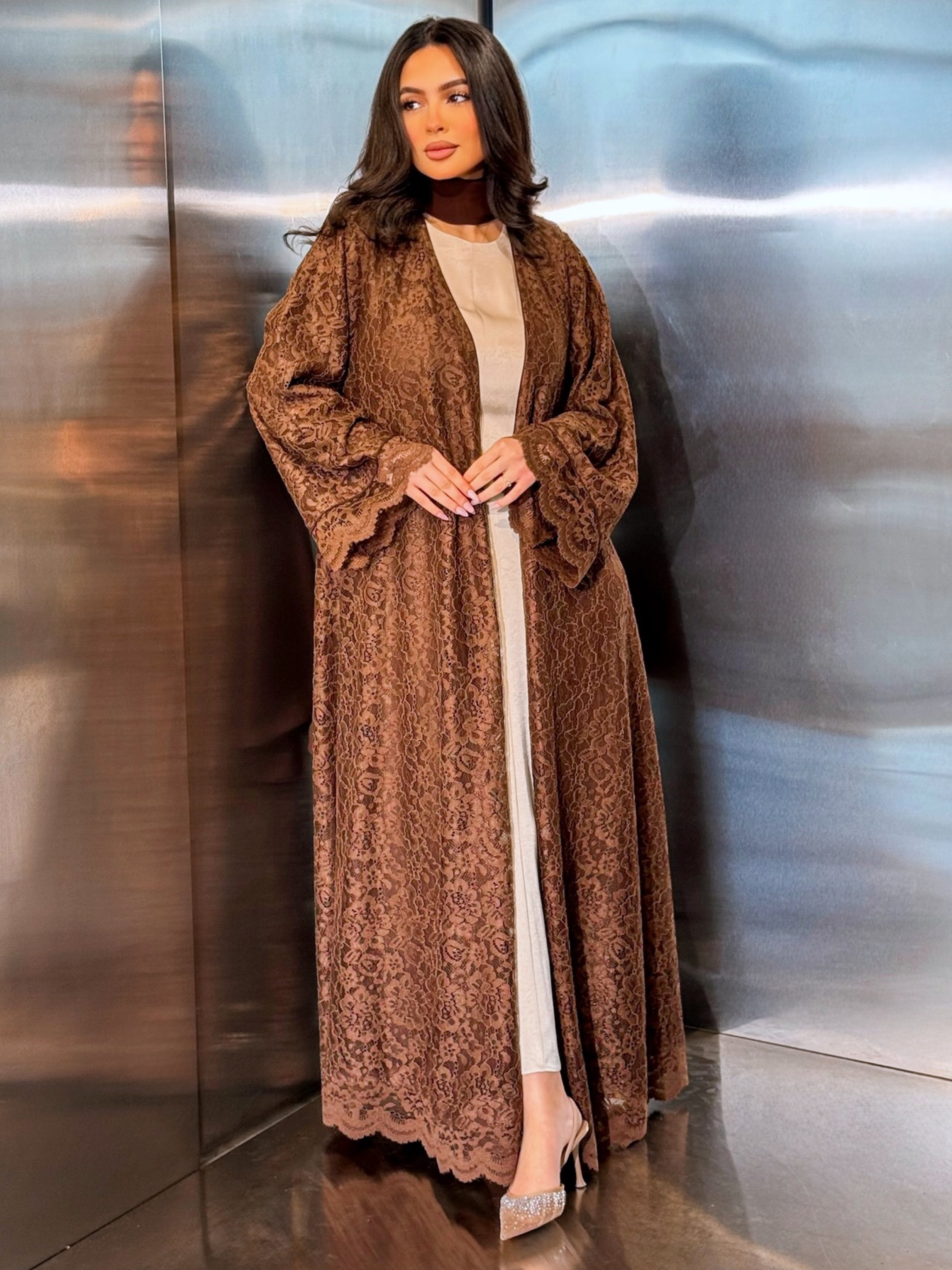 MEI713 - Brown Lace Abaya with Matching Headscarf