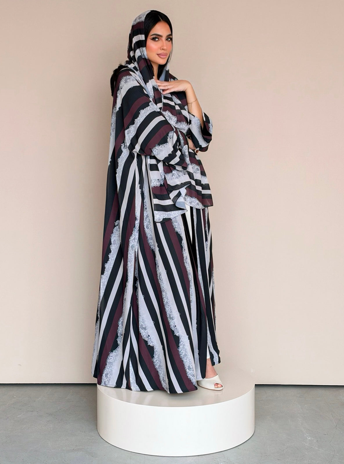 MEI783 - Stripes & Lace Print Half Bisht Abaya with Matching Headscarf