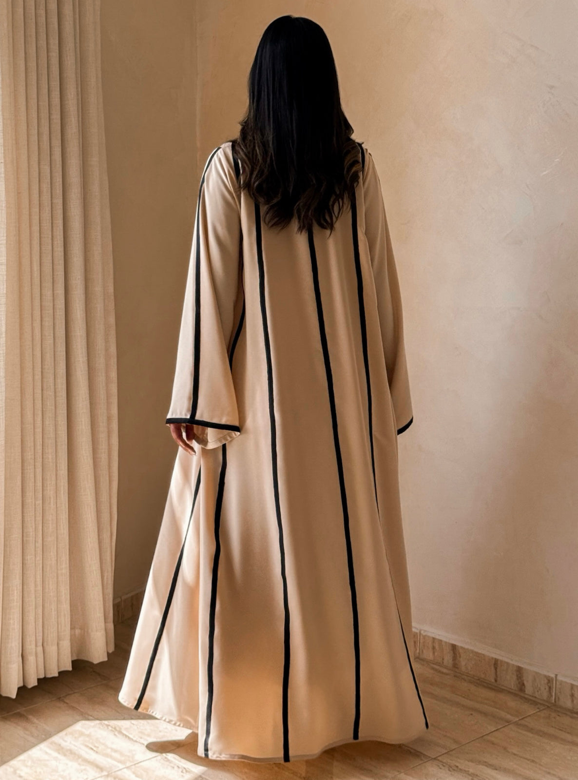 MEI736 - Beige A-Cut Abaya with Black Embroidery & Matching Headscarf