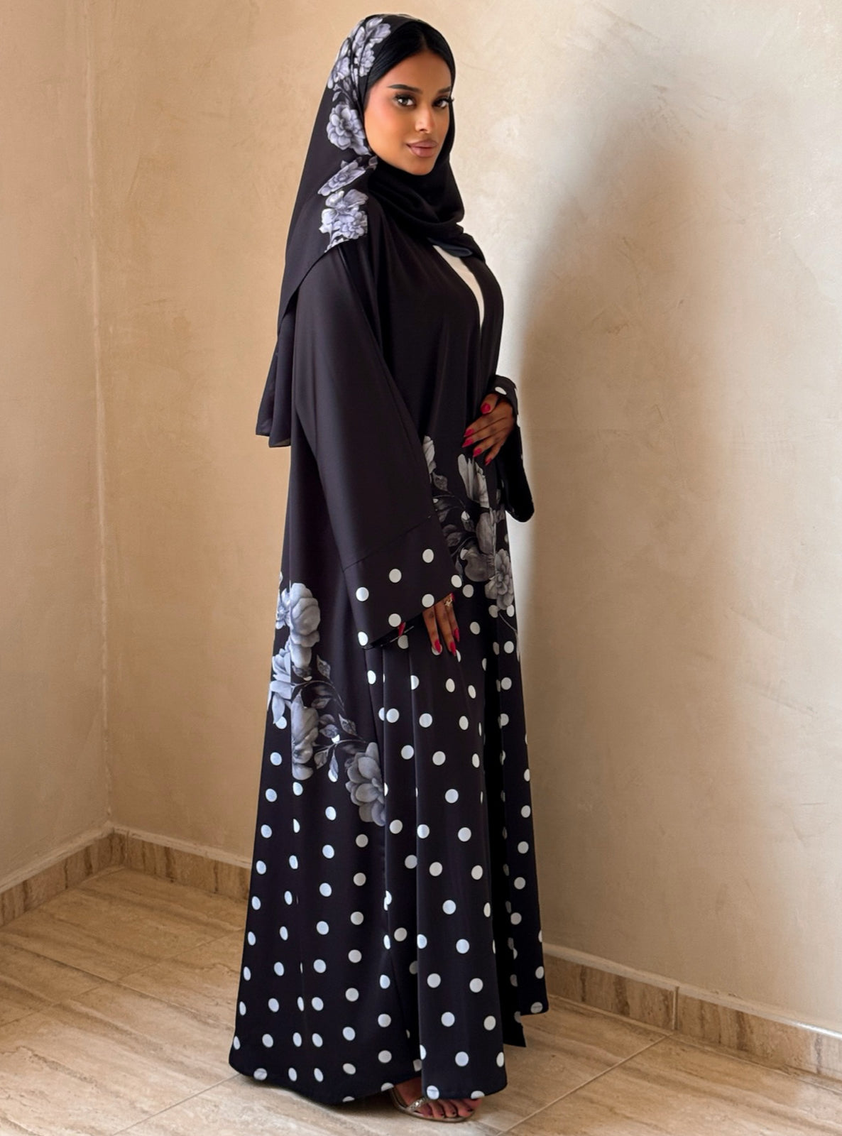 MEI743 - Black Half Bisht Polka Floral Abaya with Matching Headscarf