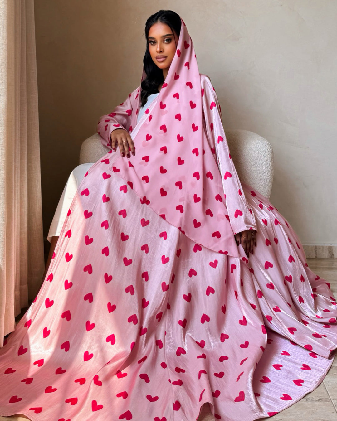 MEI722 - Pink & Red Hearts Organza Abaya 🩷❤️