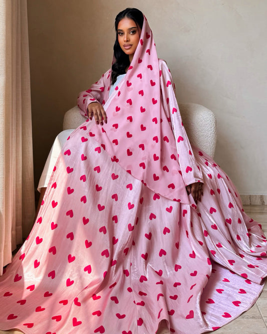 MEI722 - Pink & Red Hearts Organza Abaya 🩷❤️
