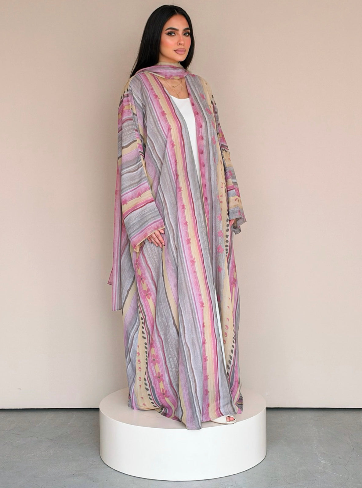 MEI785 - Floral & Stripes Print Half Bisht Abaya with Matching Headscarf