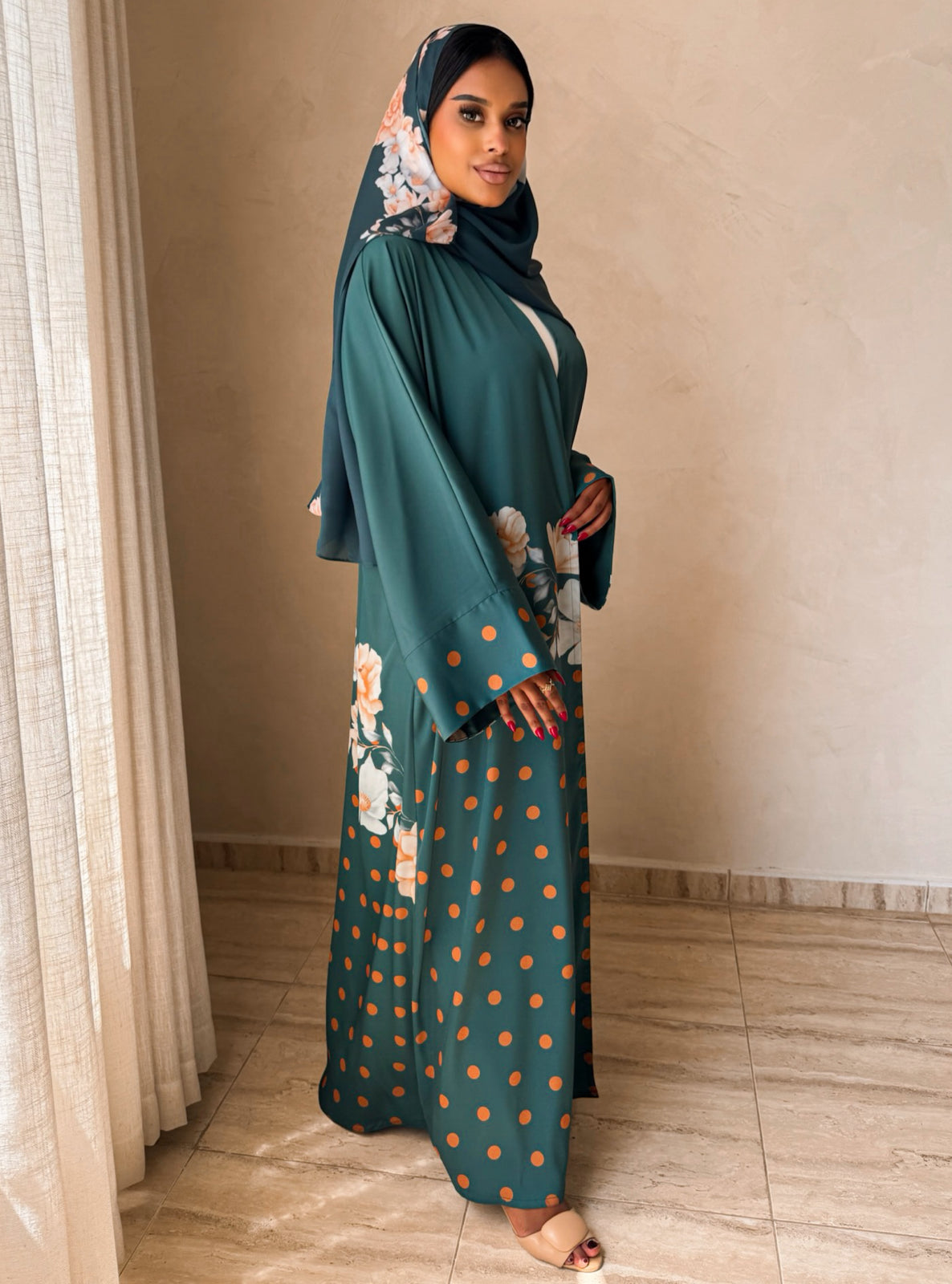 MEI739 - Teal Half Bisht Polka Floral Abaya with Matching Headscarf