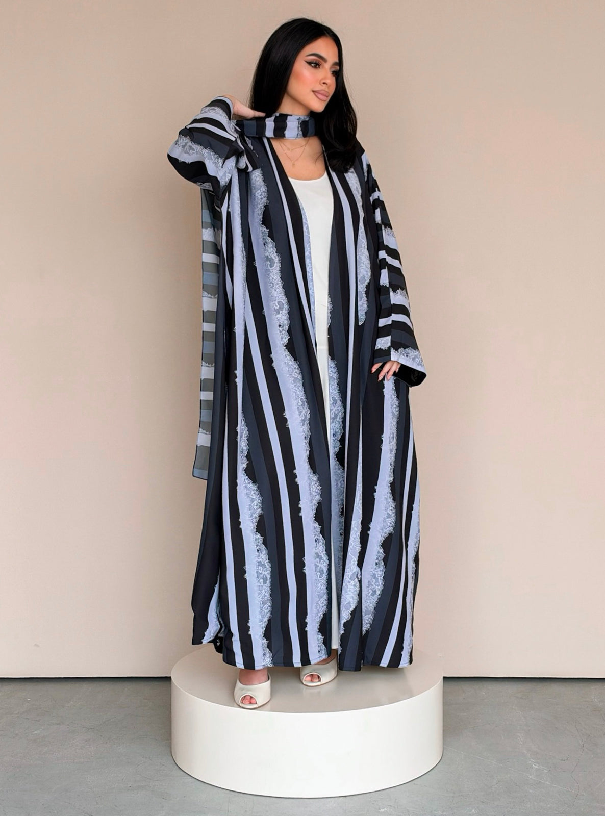 MEI782 - Stripes & Lace Print Half Bisht Abaya with Matching Headscarf