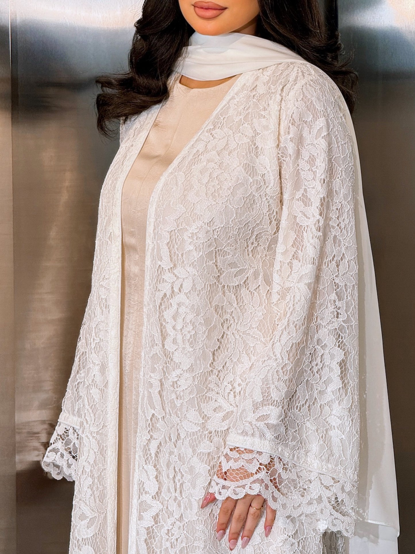 MEI712 - Off White Lace Abaya with Matching Headscarf