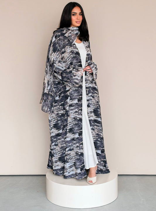MEI778 - Abstract Print Half Bisht Abaya with Matching Headscarf