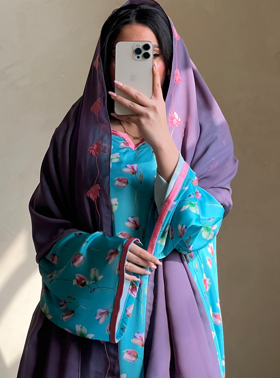 MEI521 - Grace in Aqua Bloom / Floral Embroidered Jalabiya and Shaila