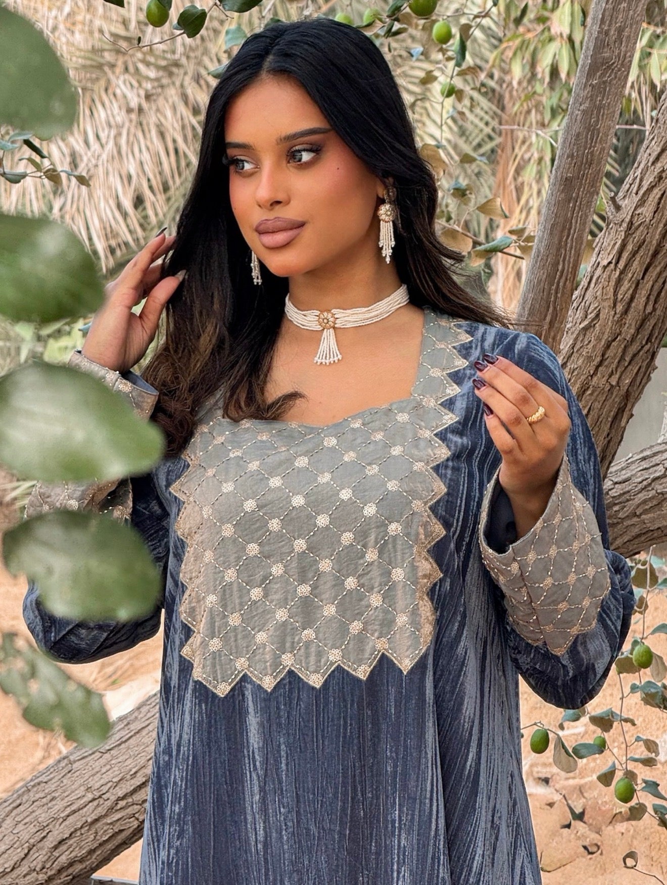 MEI668 - Grey Velvet & Embroidered Silk Jalabiya with Headscarf