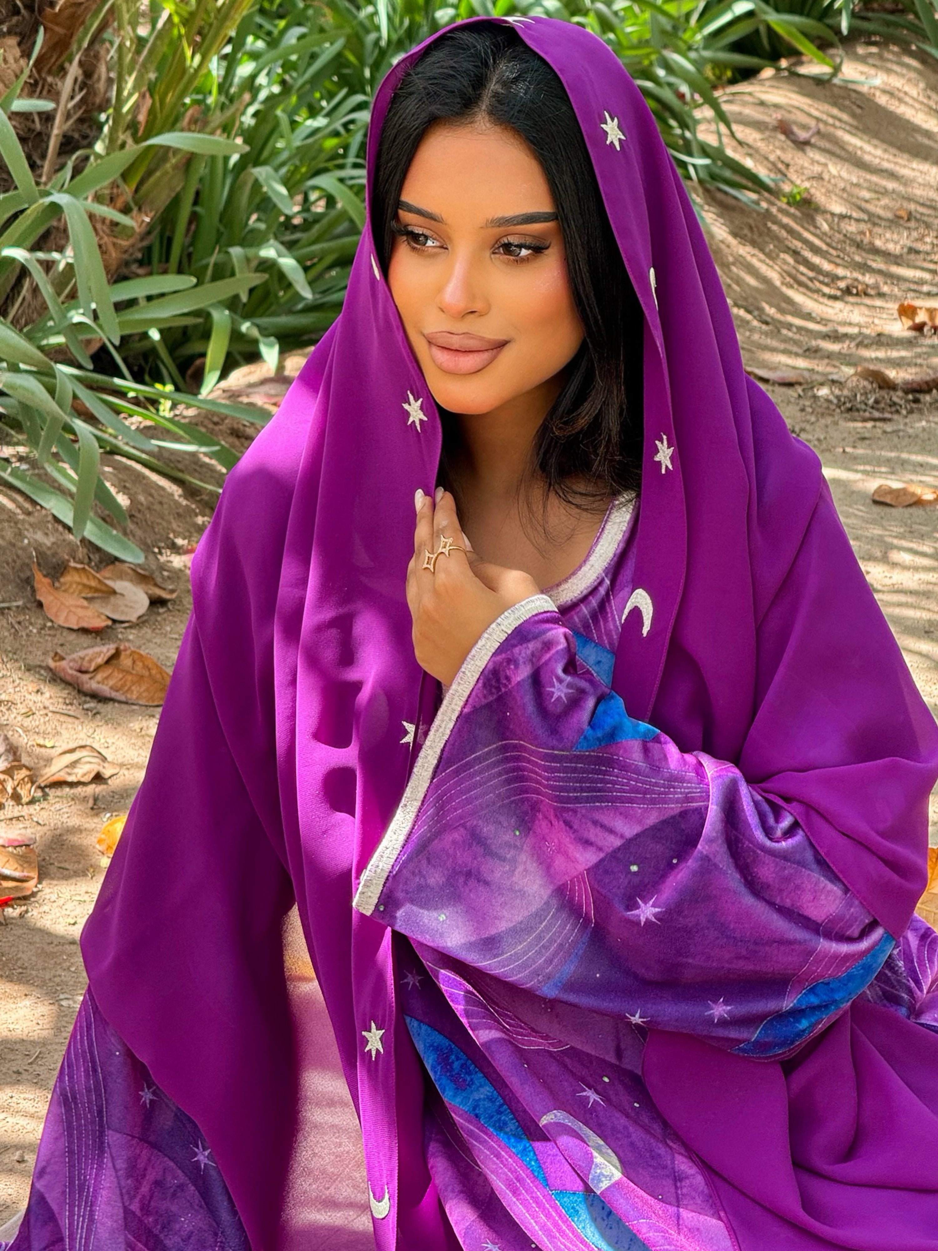 MEI708 - Purple Stars & Moon Embroidered Jalabiya with Headscarf