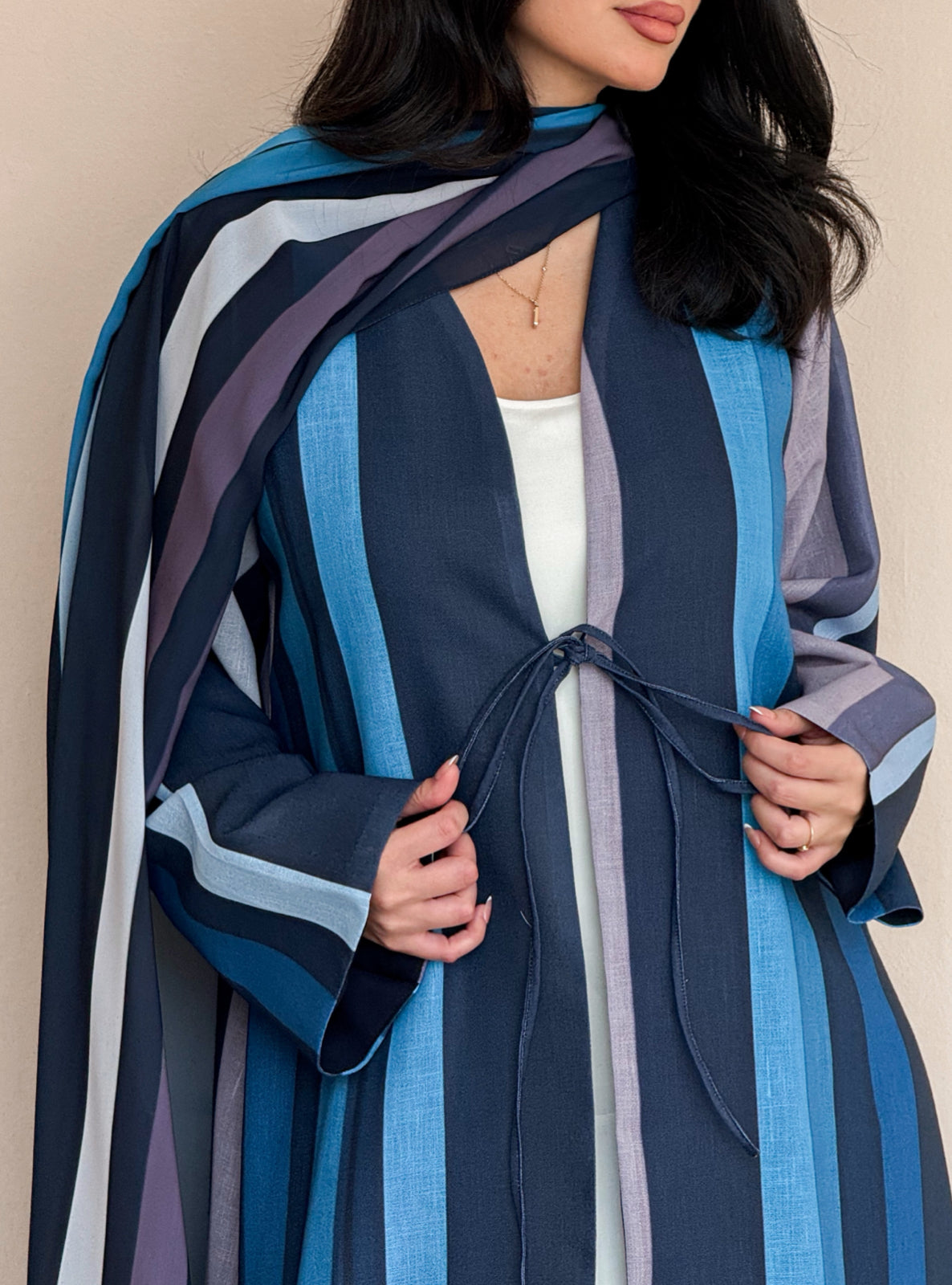 MEI763 - Striped A-Cut Linen Abaya with Matching Headscarf