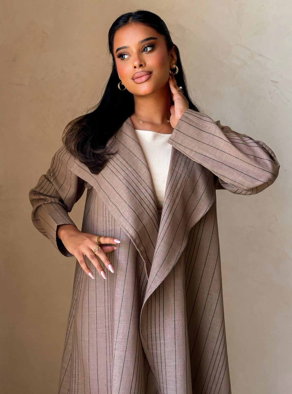 MEI749 - Striped Light Brown A-Cut Linen Abaya with Matching Headscarf