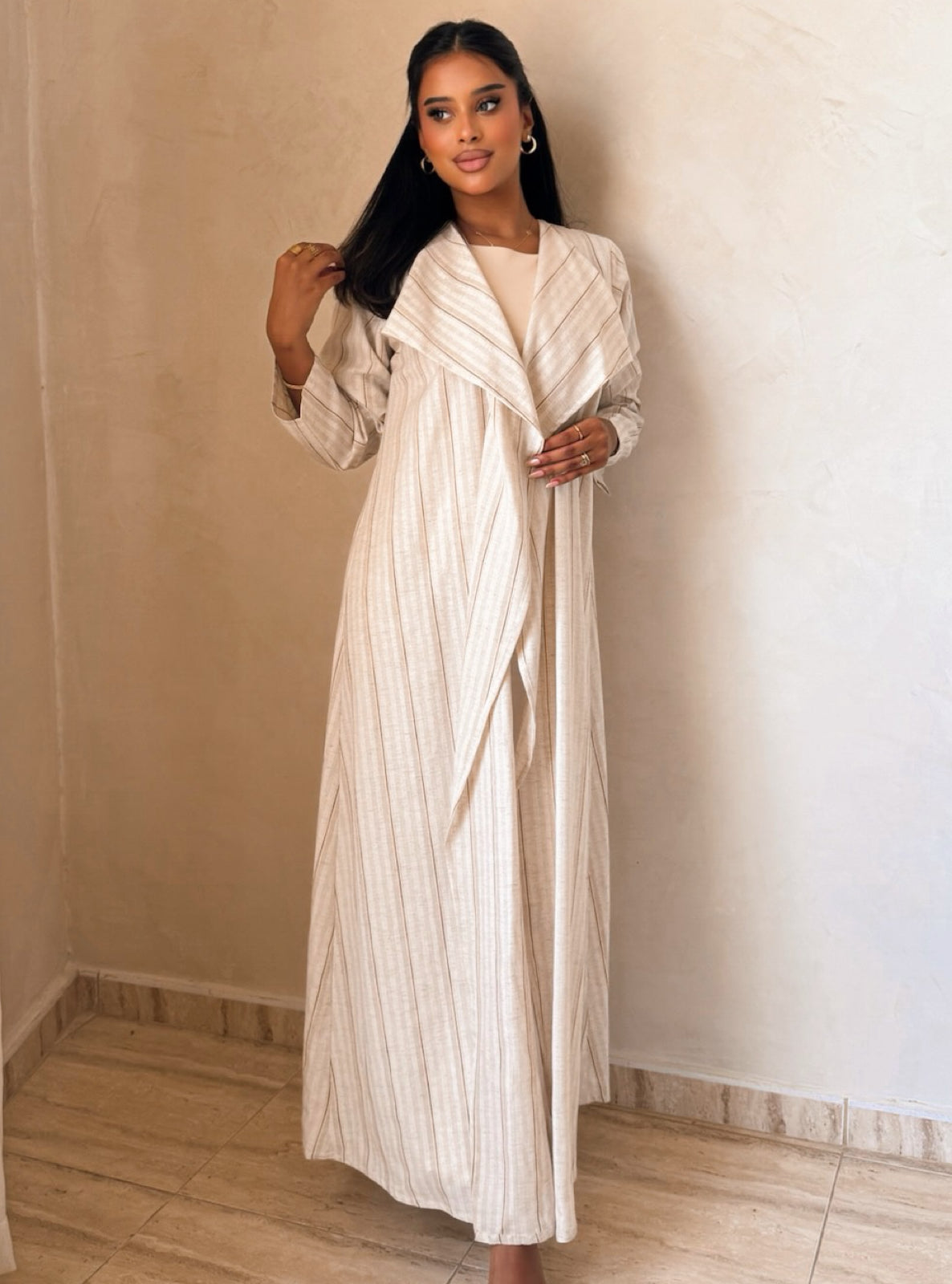 MEI748 - Striped Light Oat A-Cut Linen Abaya with Matching Headscarf