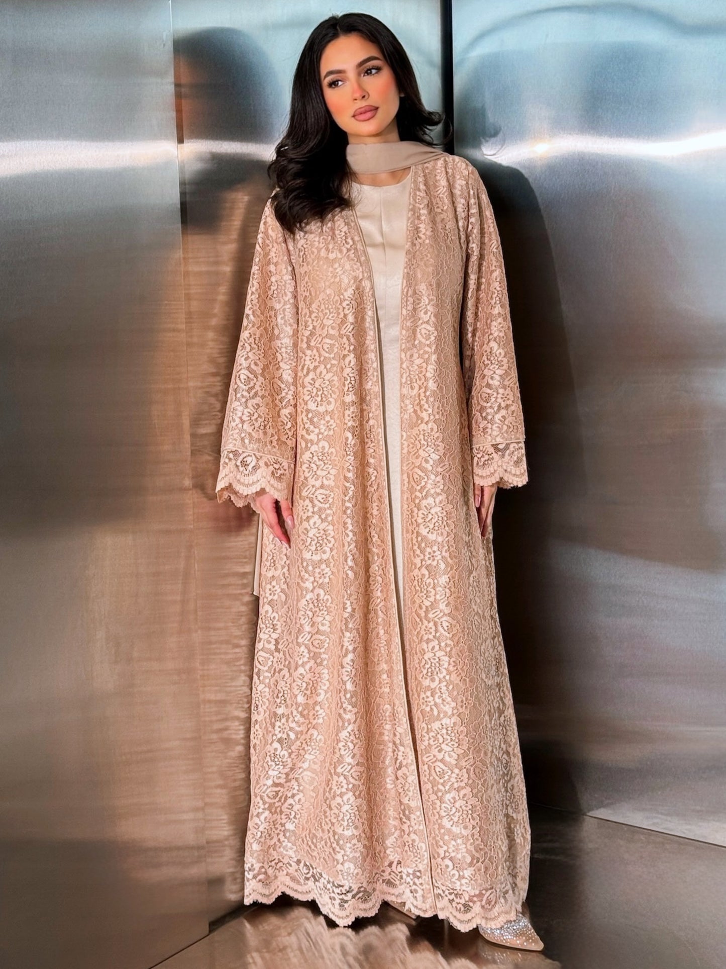 MEI714 - Beige Lace Abaya with Matching Headscarf