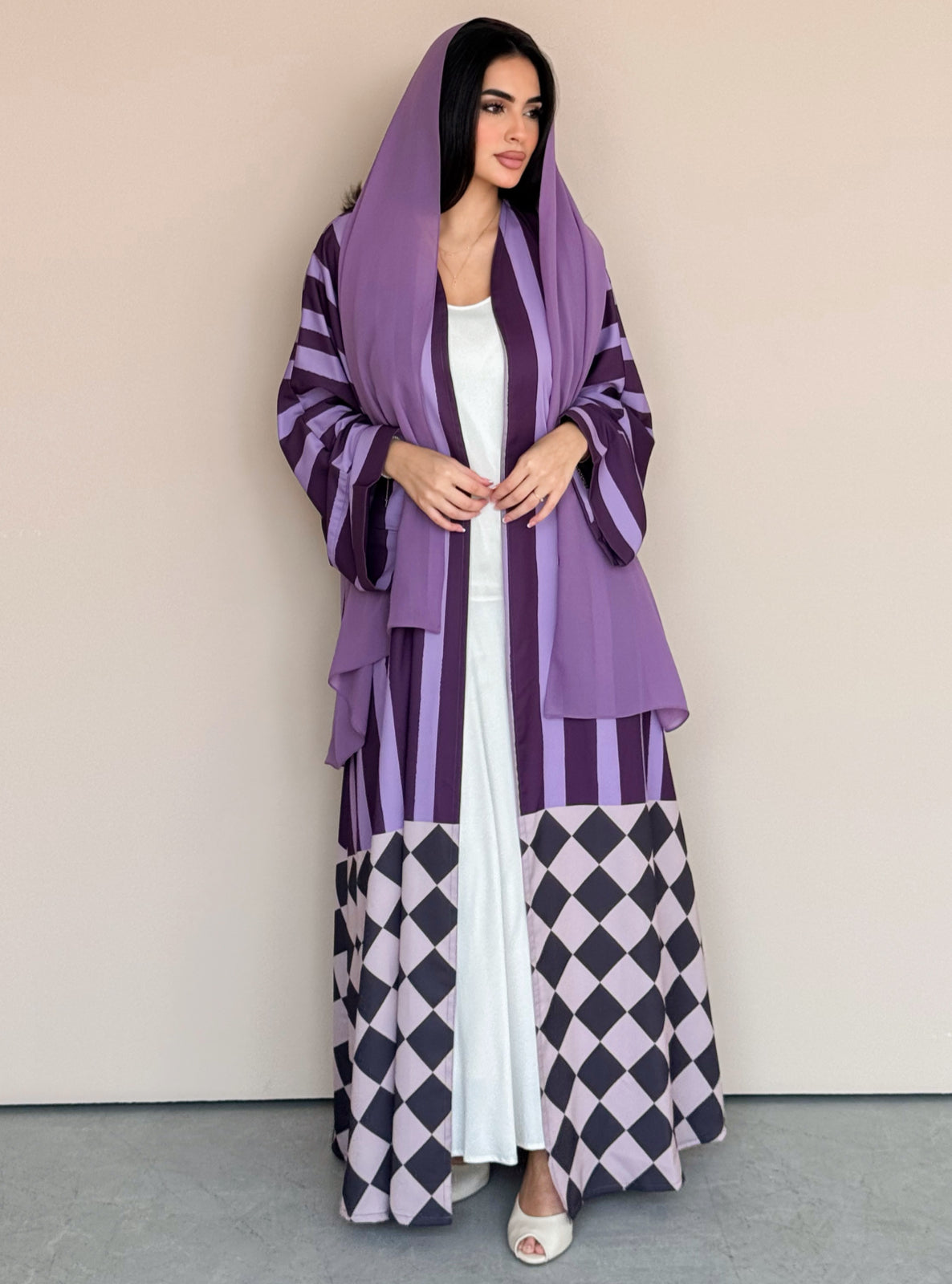 MEI772 - Aria Half Bisht Crepe Abaya in Purple Haze