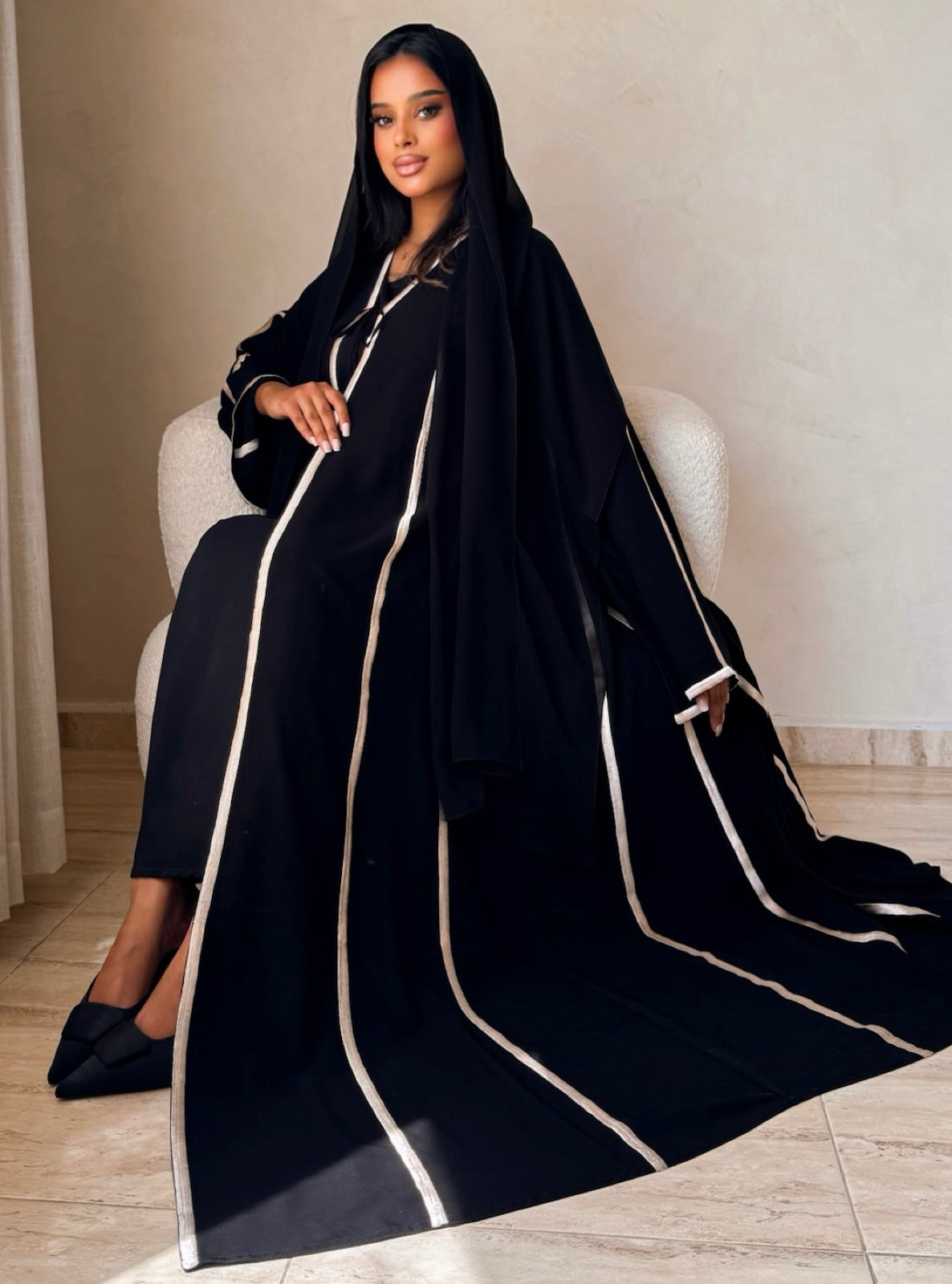 MEI735 - Black A-Cut Abaya with Cream Embroidery & Matching Headscarf