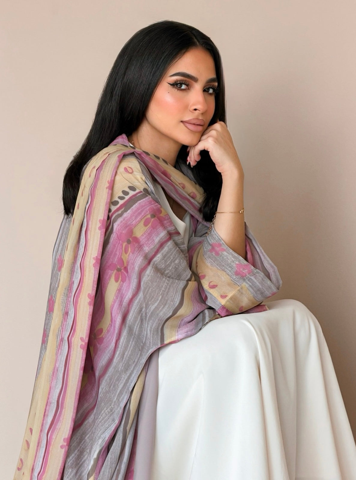 MEI785 - Floral & Stripes Print Half Bisht Abaya with Matching Headscarf