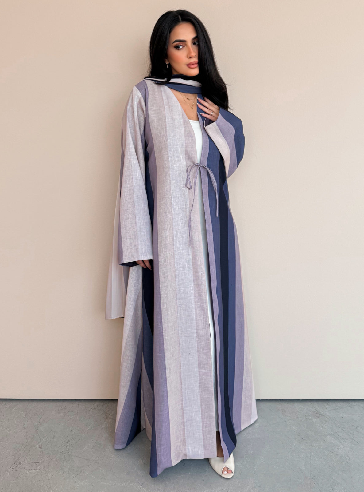 MEI761 - Striped A-Cut Linen Abaya with Matching Headscarf