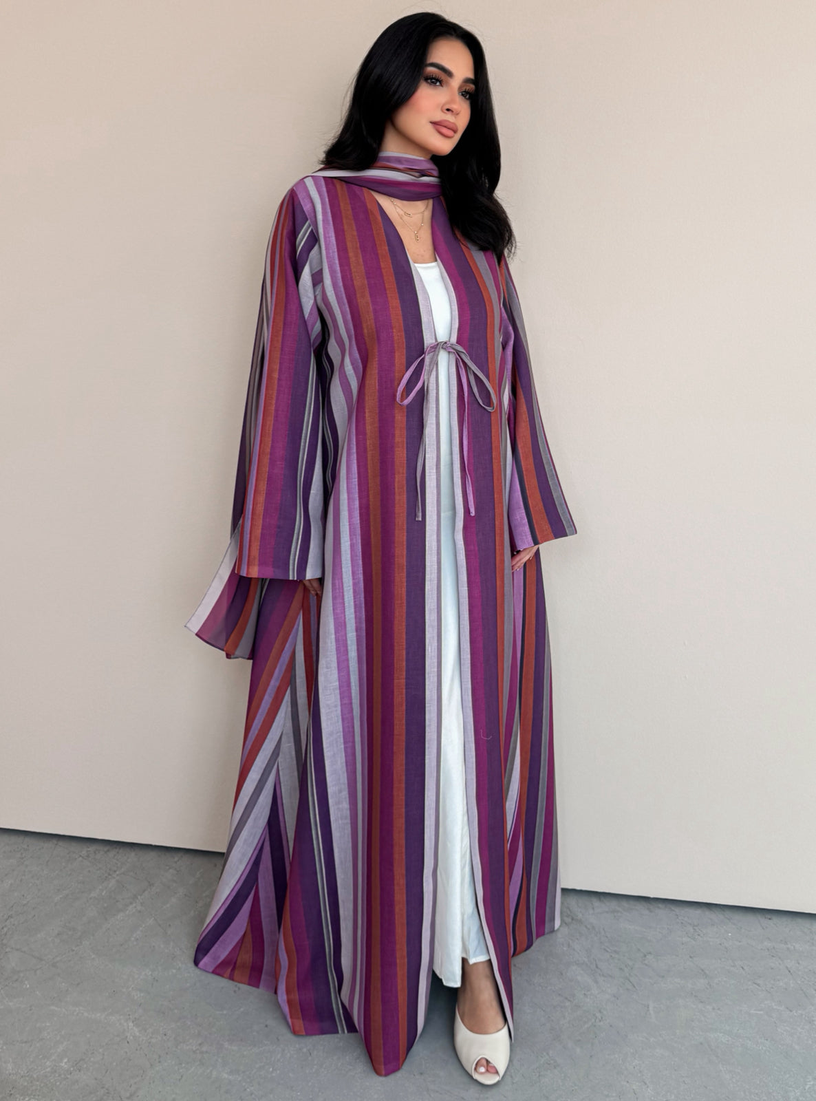 MEI762 - Striped A-Cut Linen Abaya with Matching Headscarf
