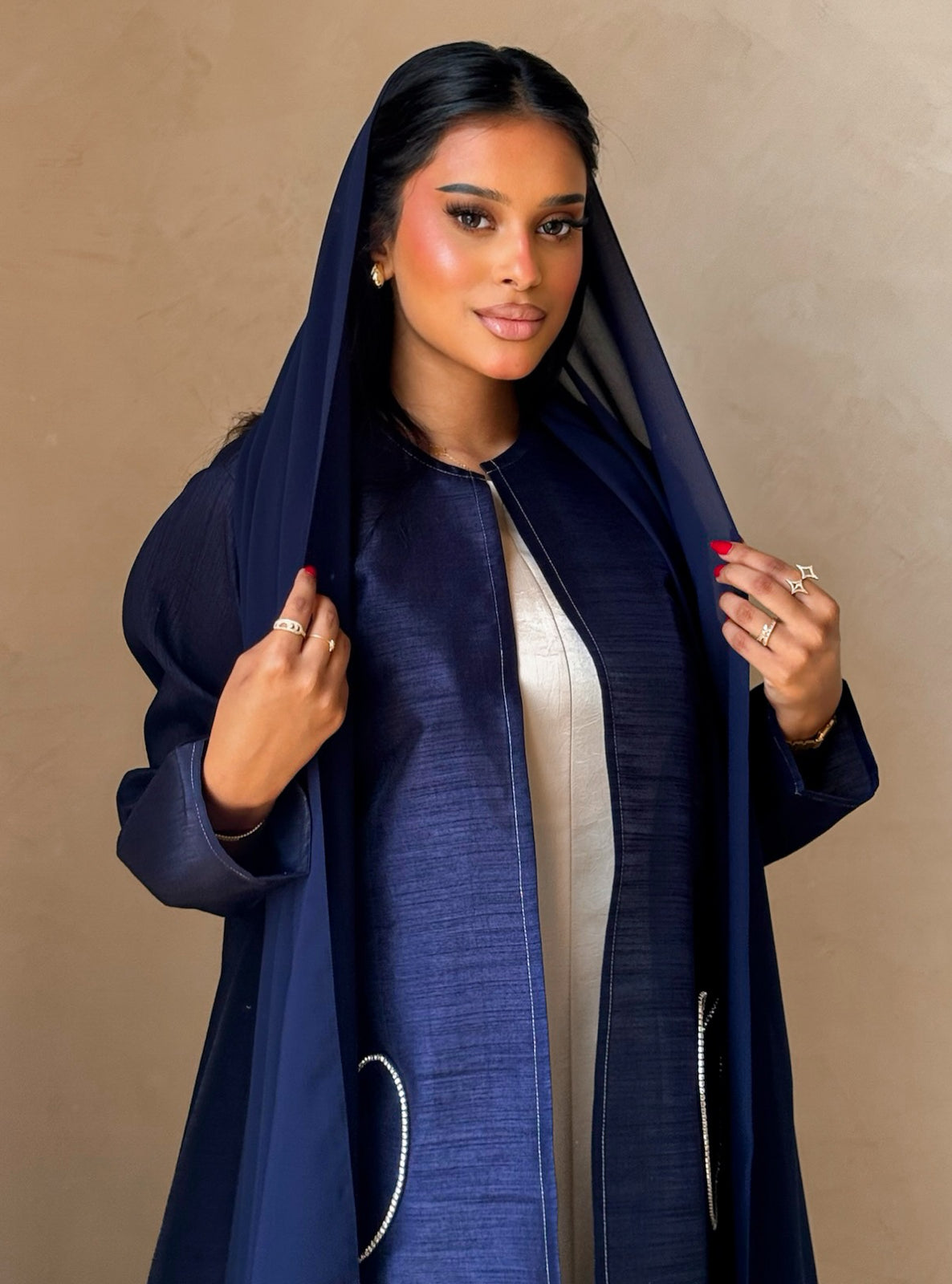 MEI728 - Navy A-Cut Taffeta & Crystals Abaya with Headscarf