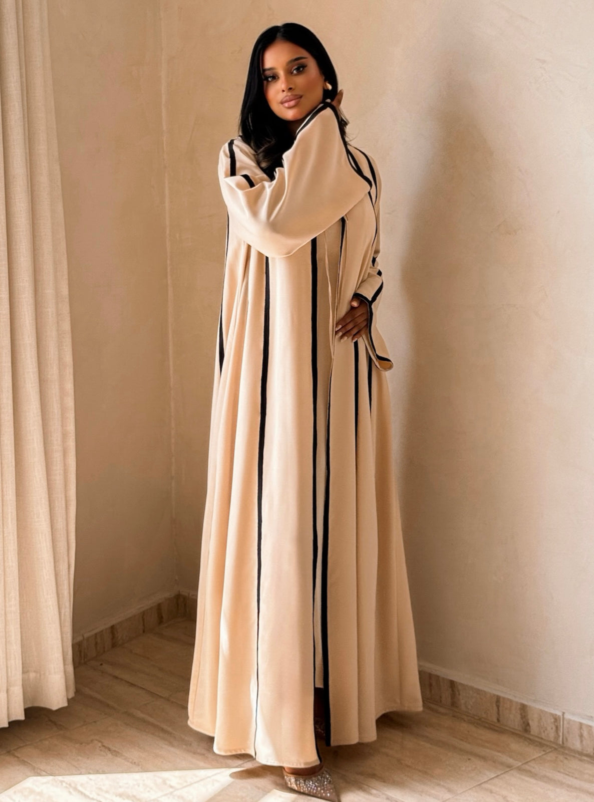 MEI736 - Beige A-Cut Abaya with Black Embroidery & Matching Headscarf