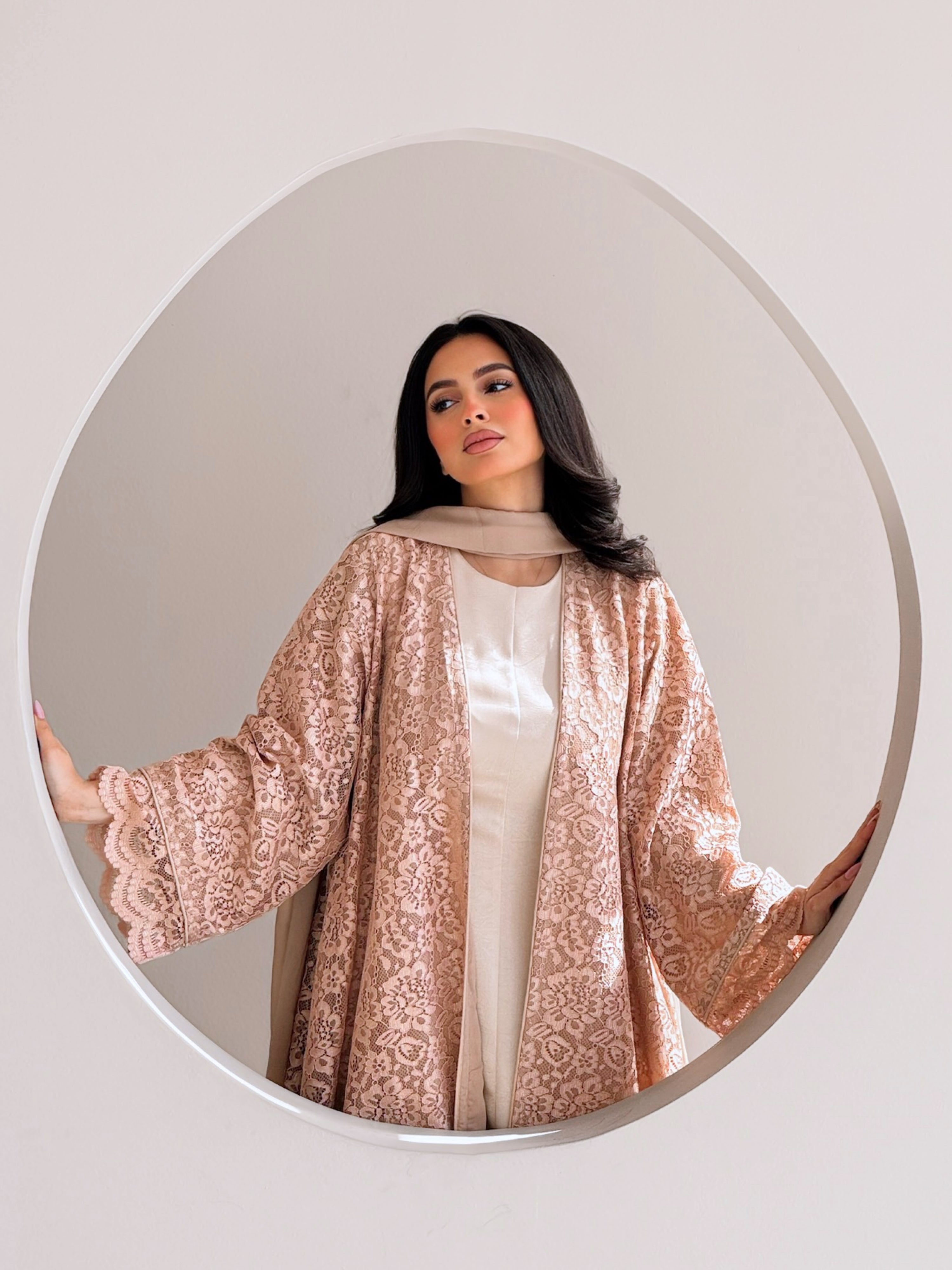 MEI714 - Beige Lace Abaya with Matching Headscarf