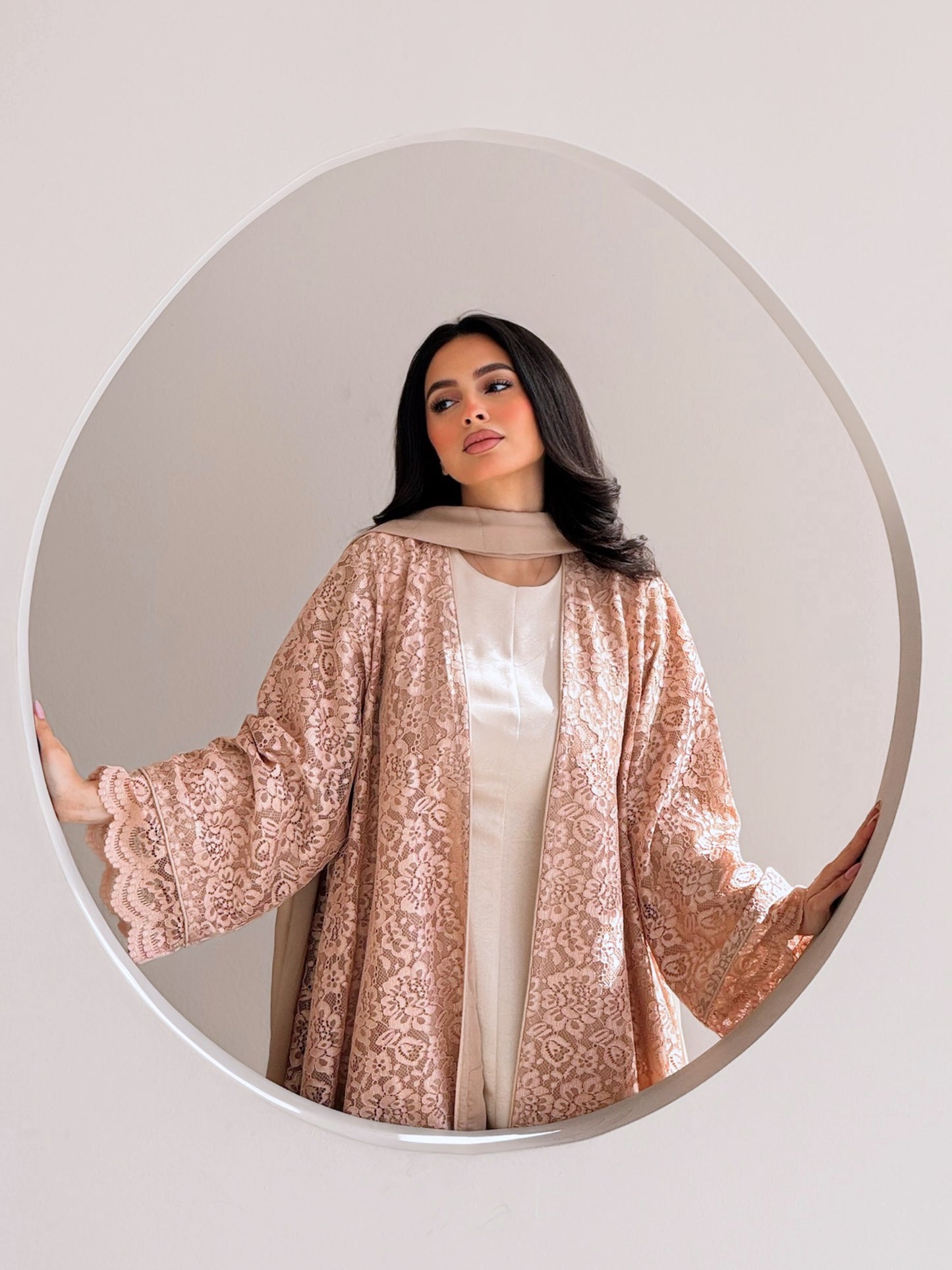 MEI714 - Beige Lace Abaya with Matching Headscarf