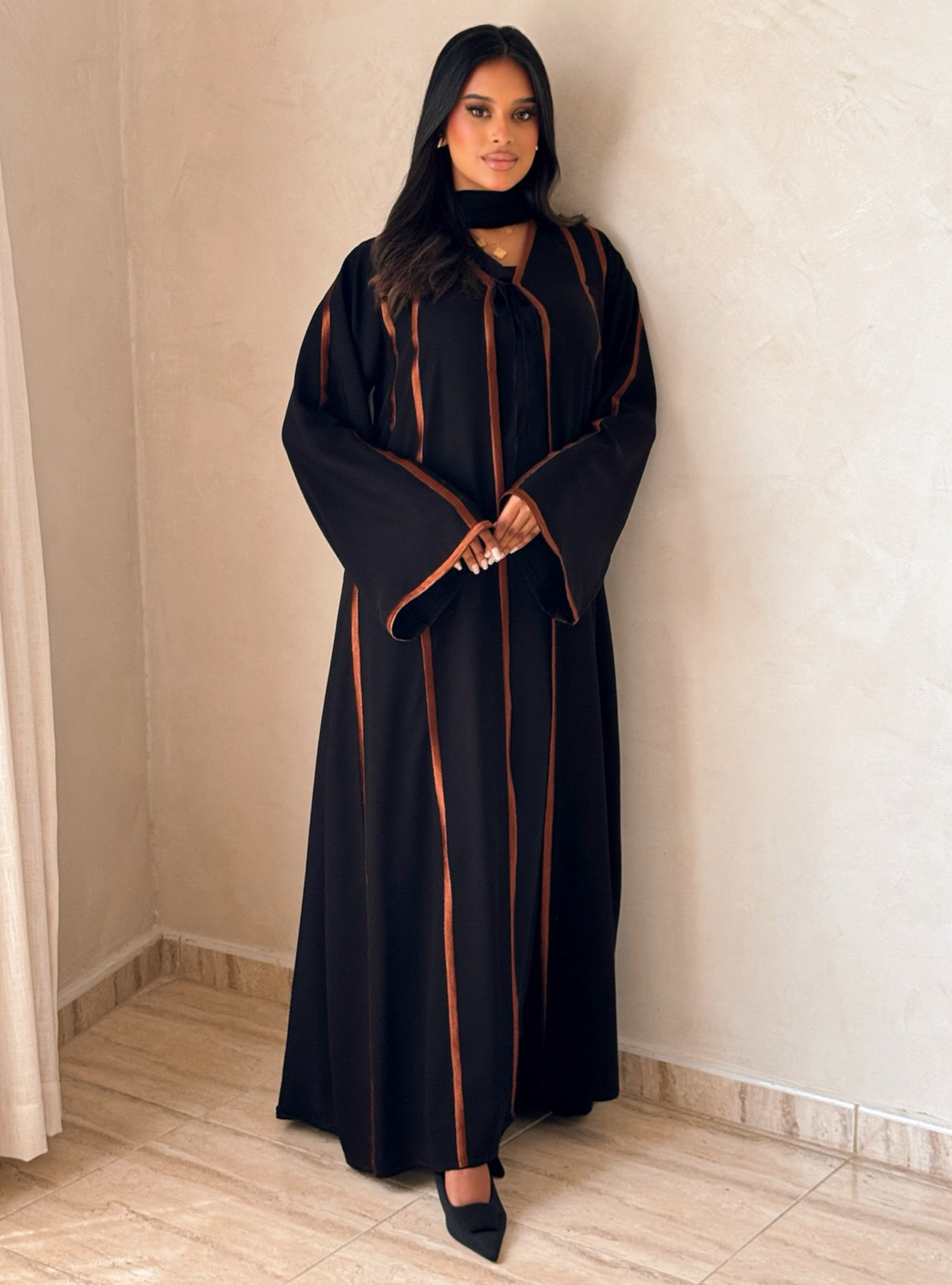 MEI734 - Black A-Cut Abaya with Brown Embroidery & Matching Headscarf