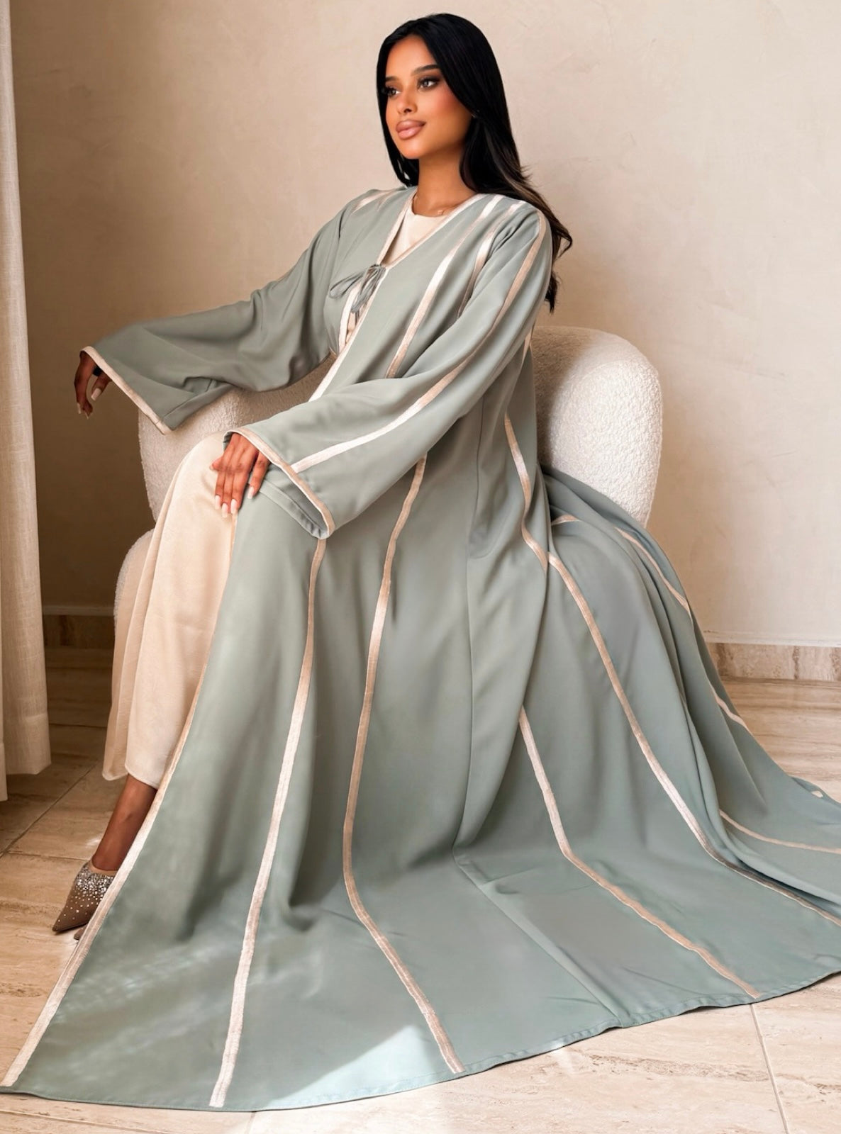 MEI738 - Light Turquoise A-Cut Abaya with Cream Embroidery & Matching Headscarf