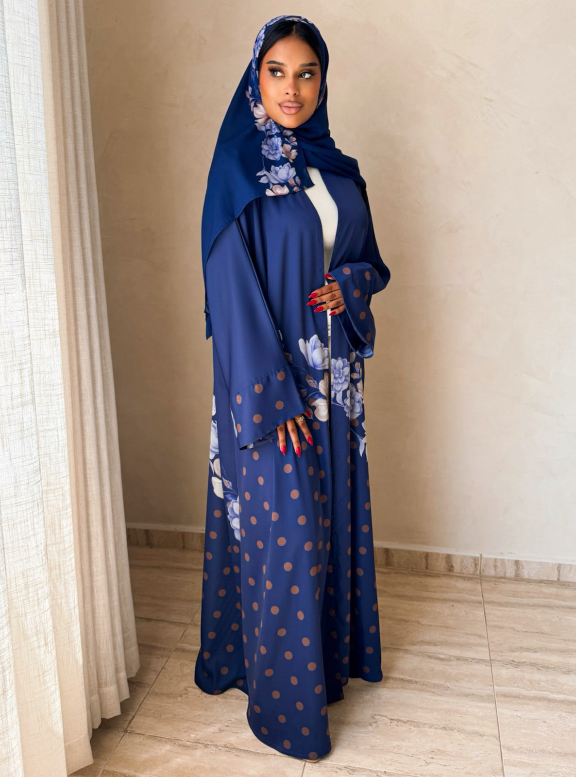 MEI740 - Sapphire Blue Half Bisht Polka Floral Abaya with Matching Headscarf