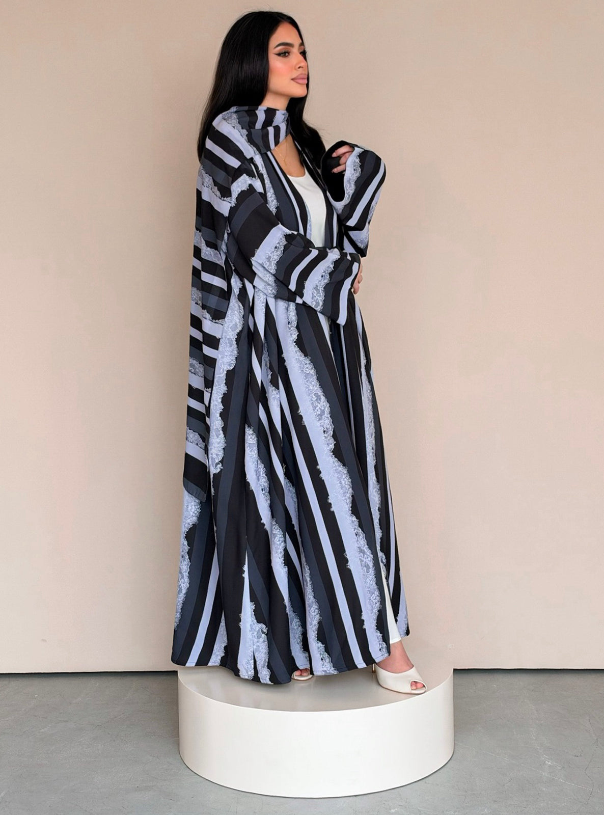 MEI782 - Stripes & Lace Print Half Bisht Abaya with Matching Headscarf