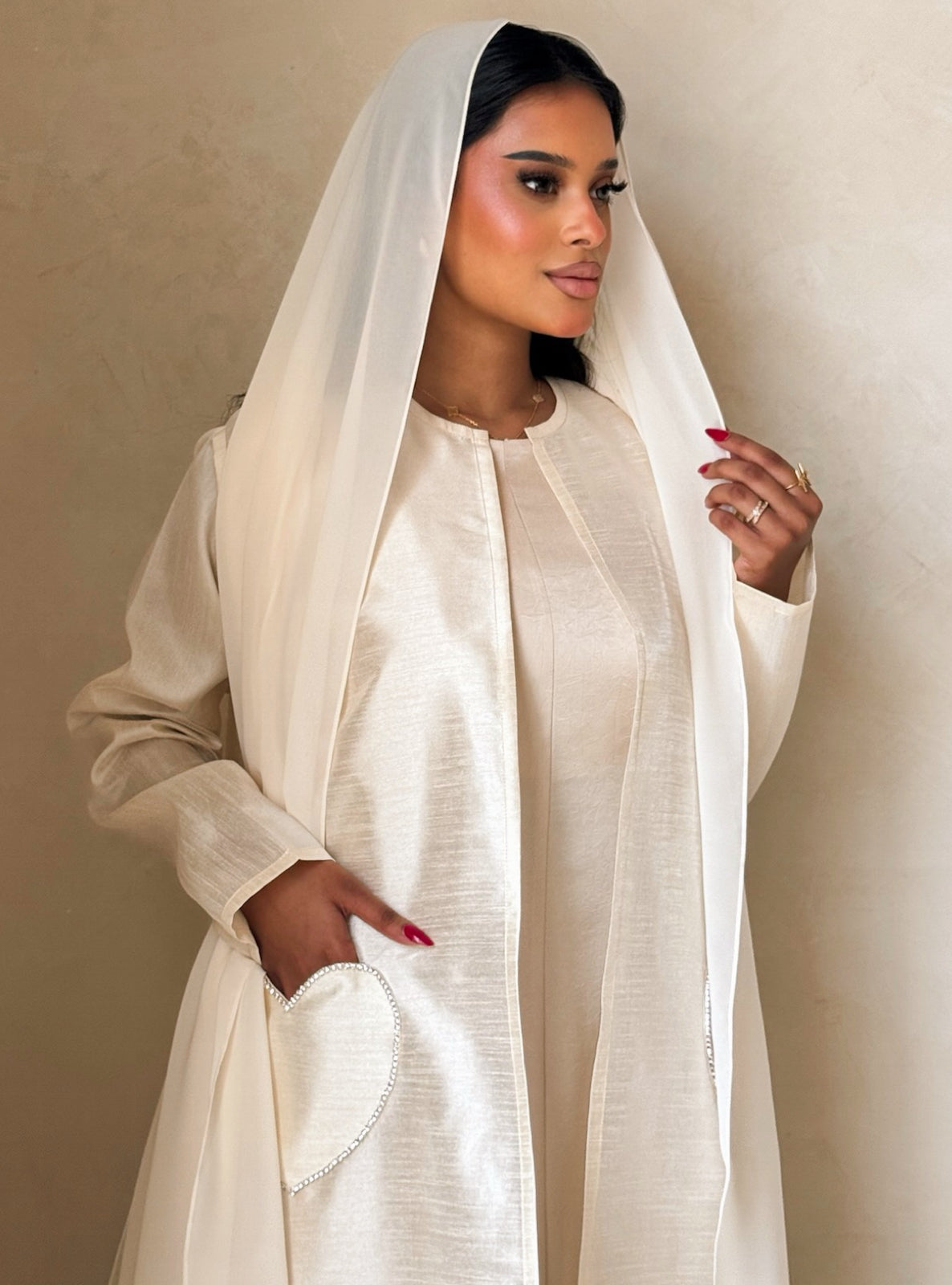 MEI729 - Off White A-Cut Taffeta & Crystals Abaya with Headscarf