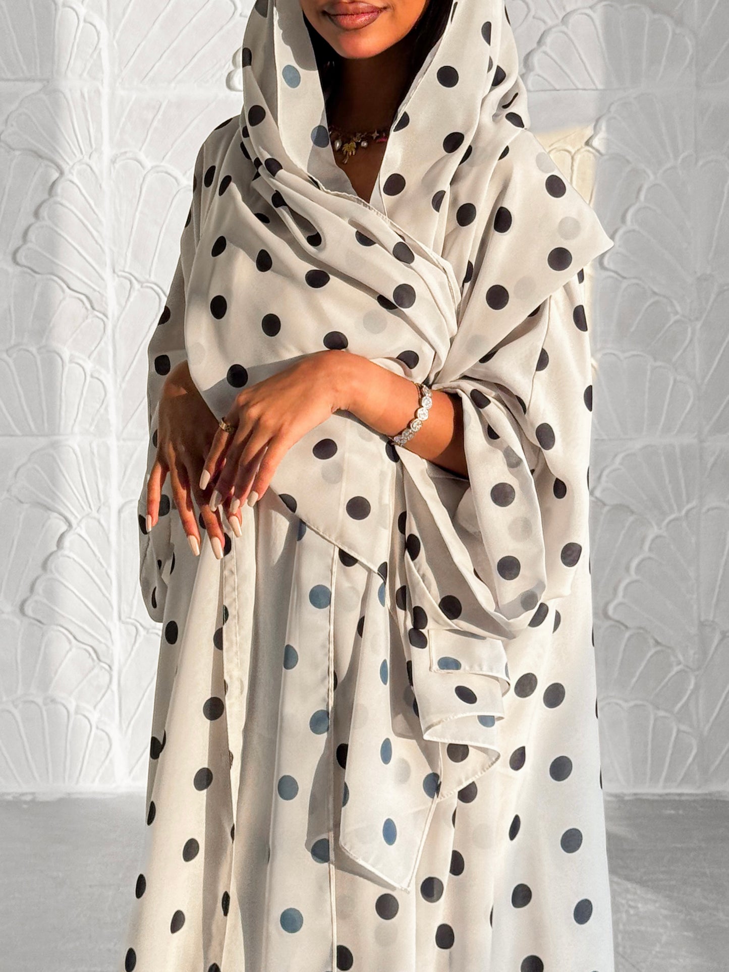 MEI613 - Polka Dots Abaya in Off White