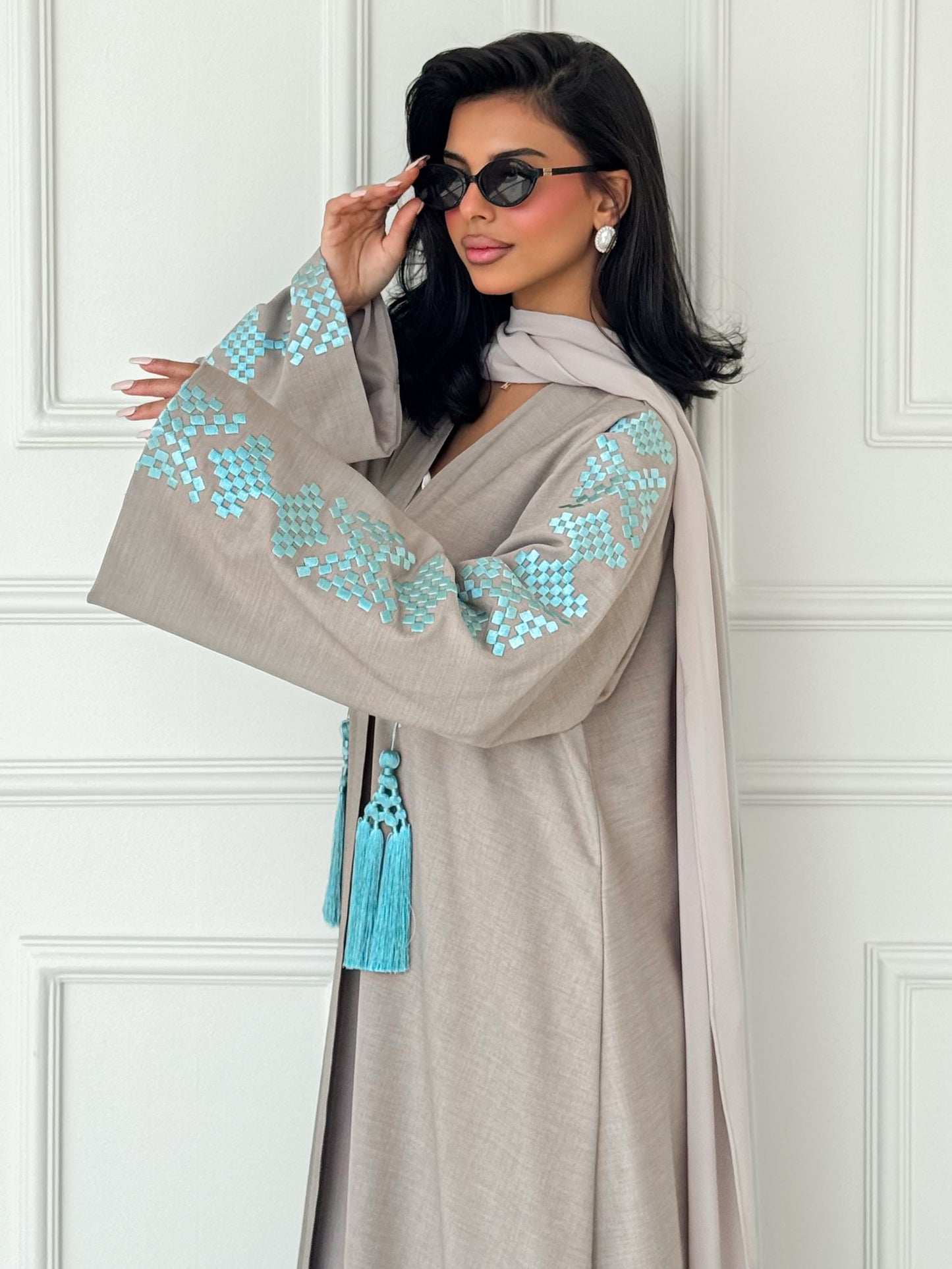 MEI622 - Beige Abaya with Light Turquoise Embroidery