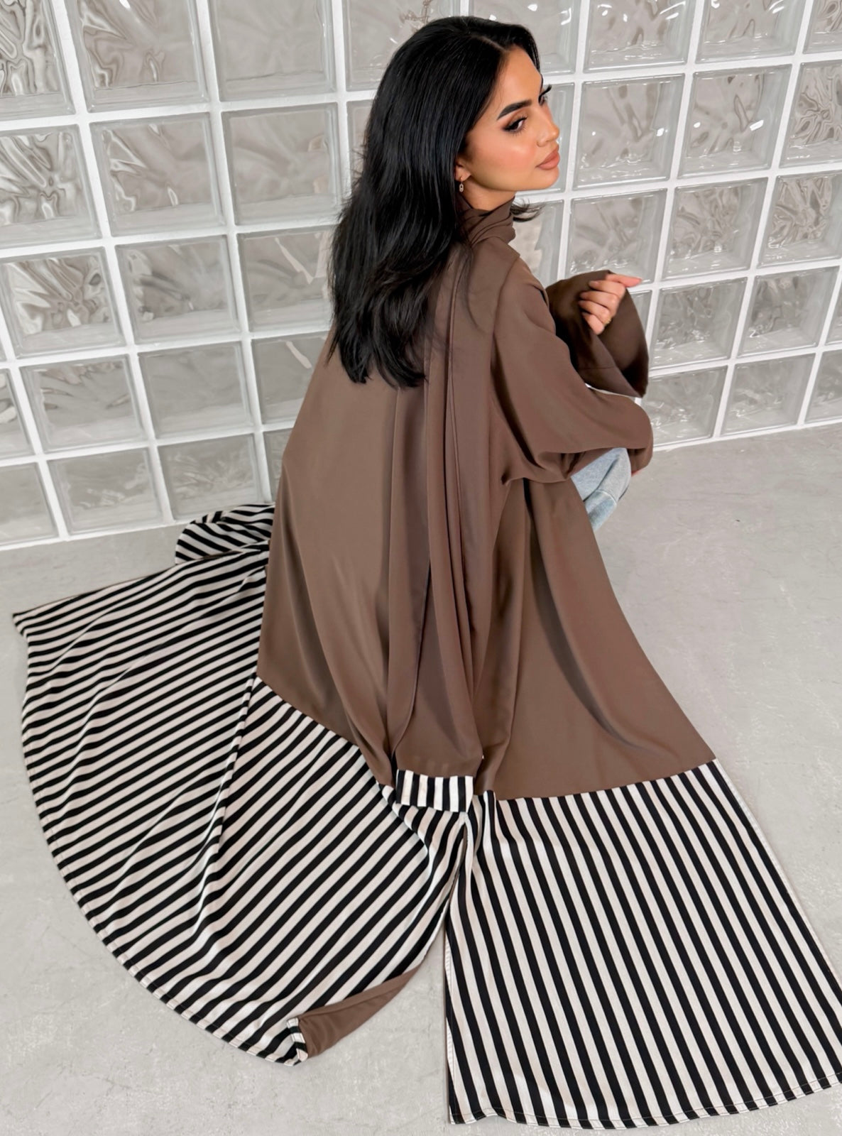 MEI760 - Linear Crepe Square Cut Abaya in Mocha Taupe