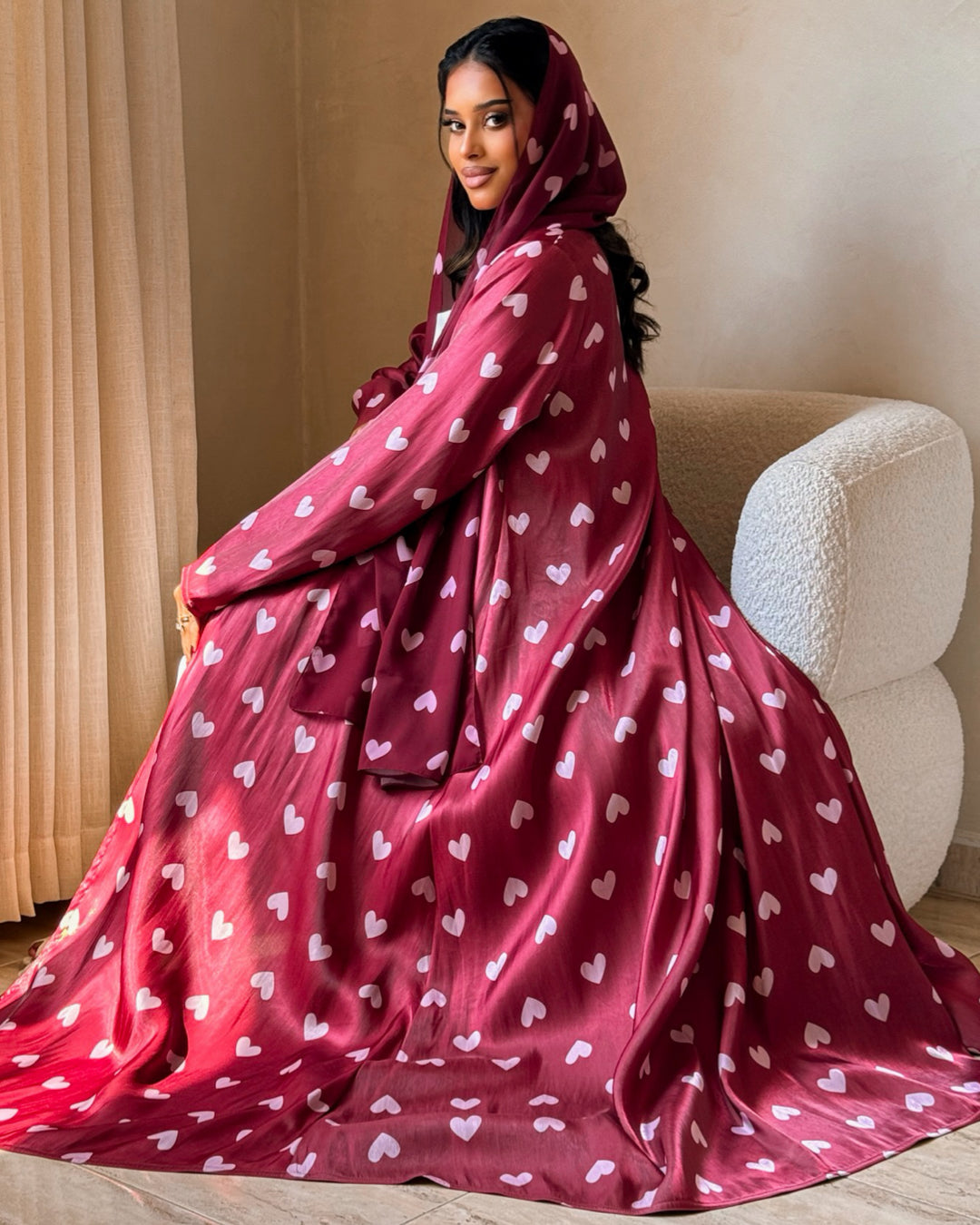 MEI721 - Maroon & Pink Hearts Organza Abaya ♥️🩷